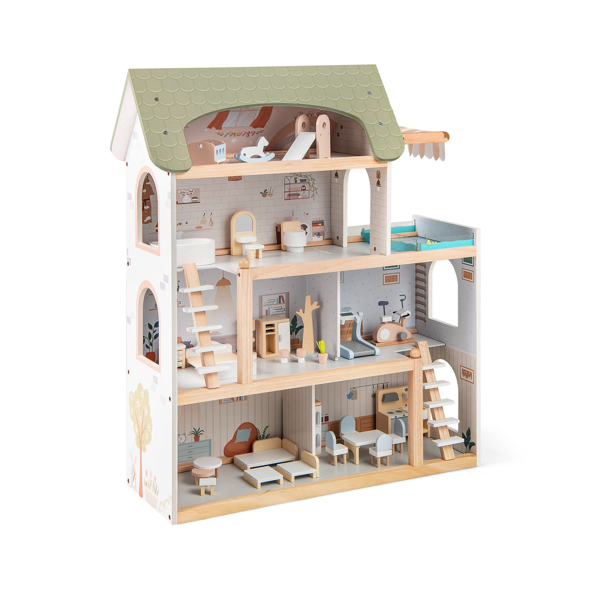 Wooden Dollhouse Kids DIY Pretend Playhouse with 33 PCS Furniture Accessories