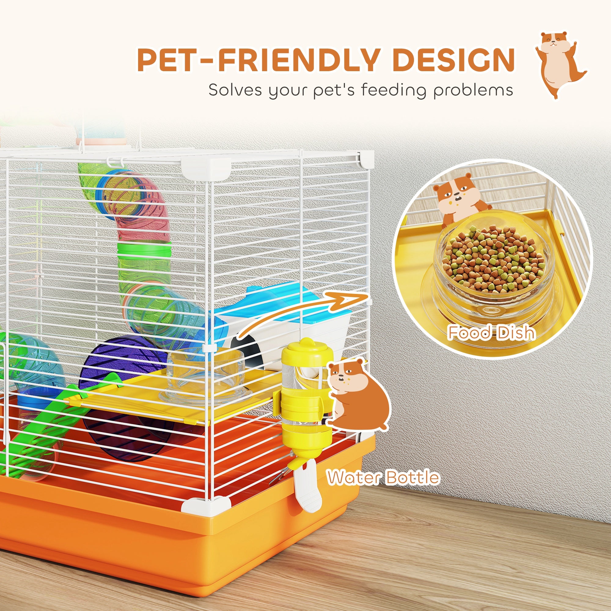 18"L Hamster Cage, Small Animal House, 2-Level Rat Gerbil Haven with Tunnel Tube System, Orange
