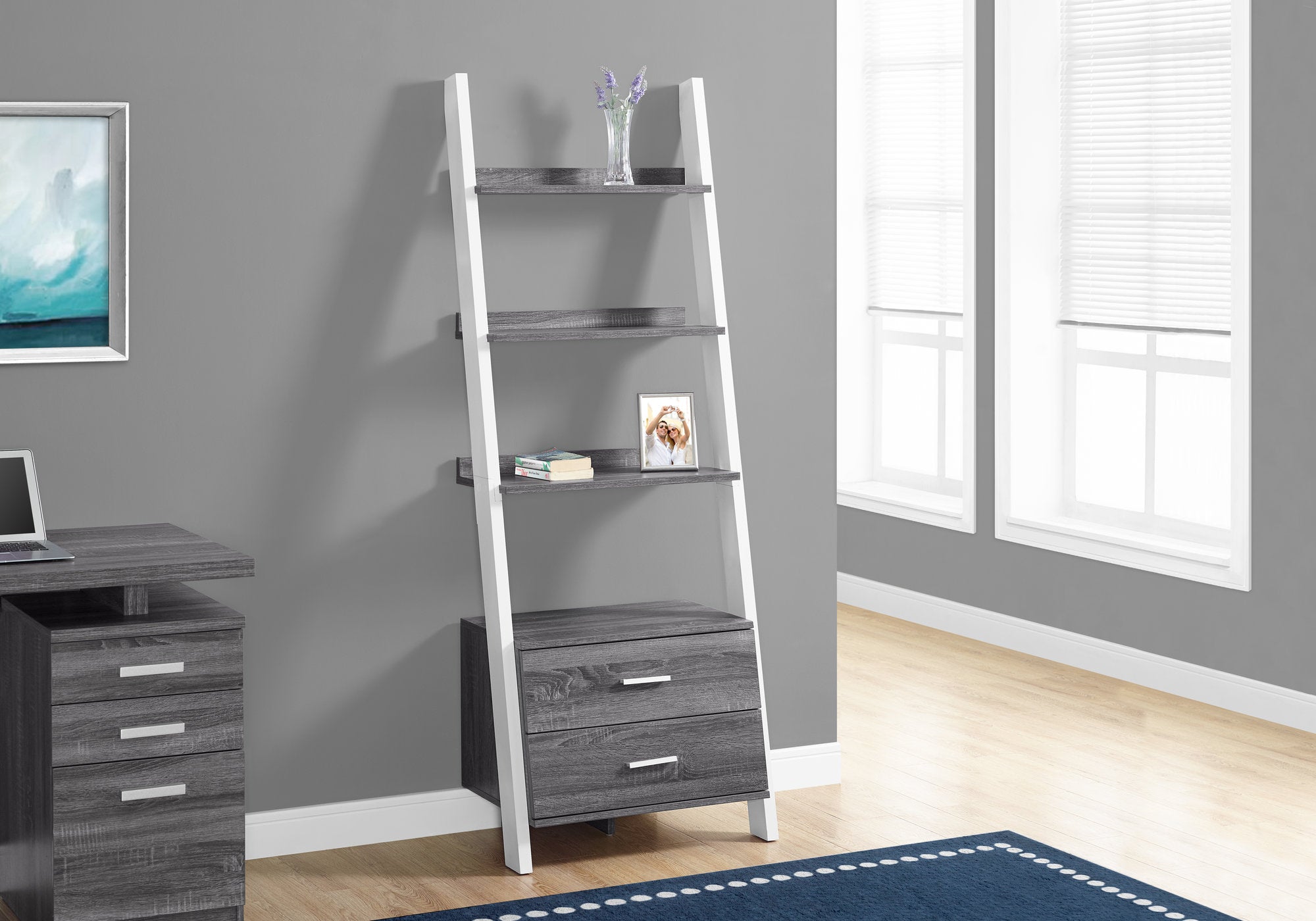 69"H Grey-White Ladder Bookcase with 2 Drawers-Tv Stand-DECOROLALA