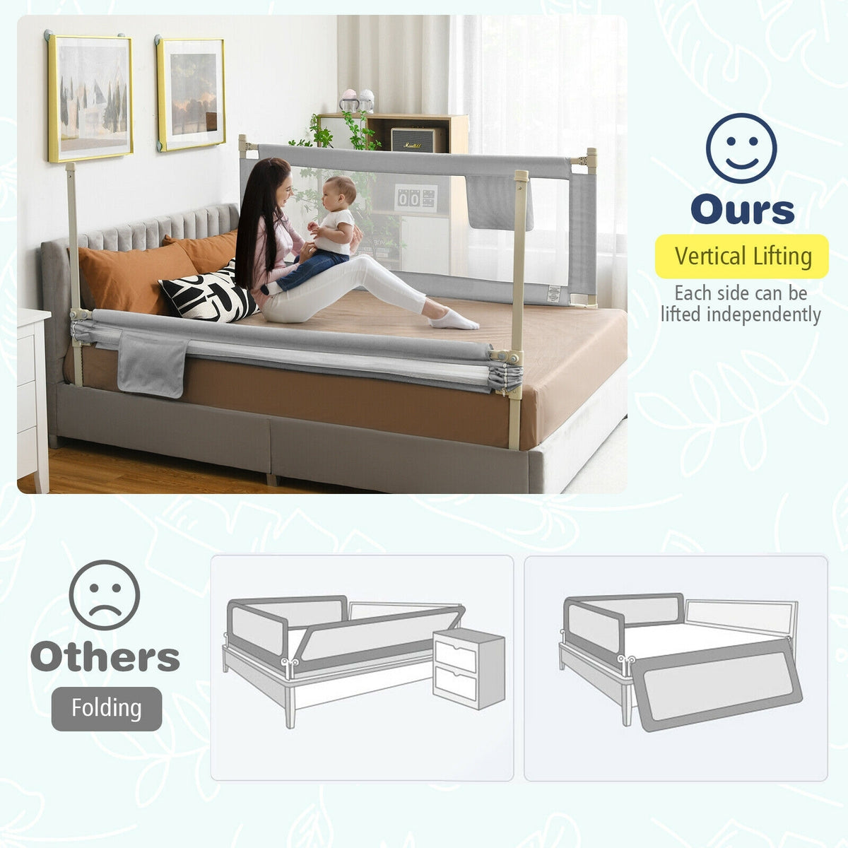 69.5 Inches Toddler Bedrail with Anti-Collision Cotton and Side Pocket-Gray-Bed Rails-DECOROLALA