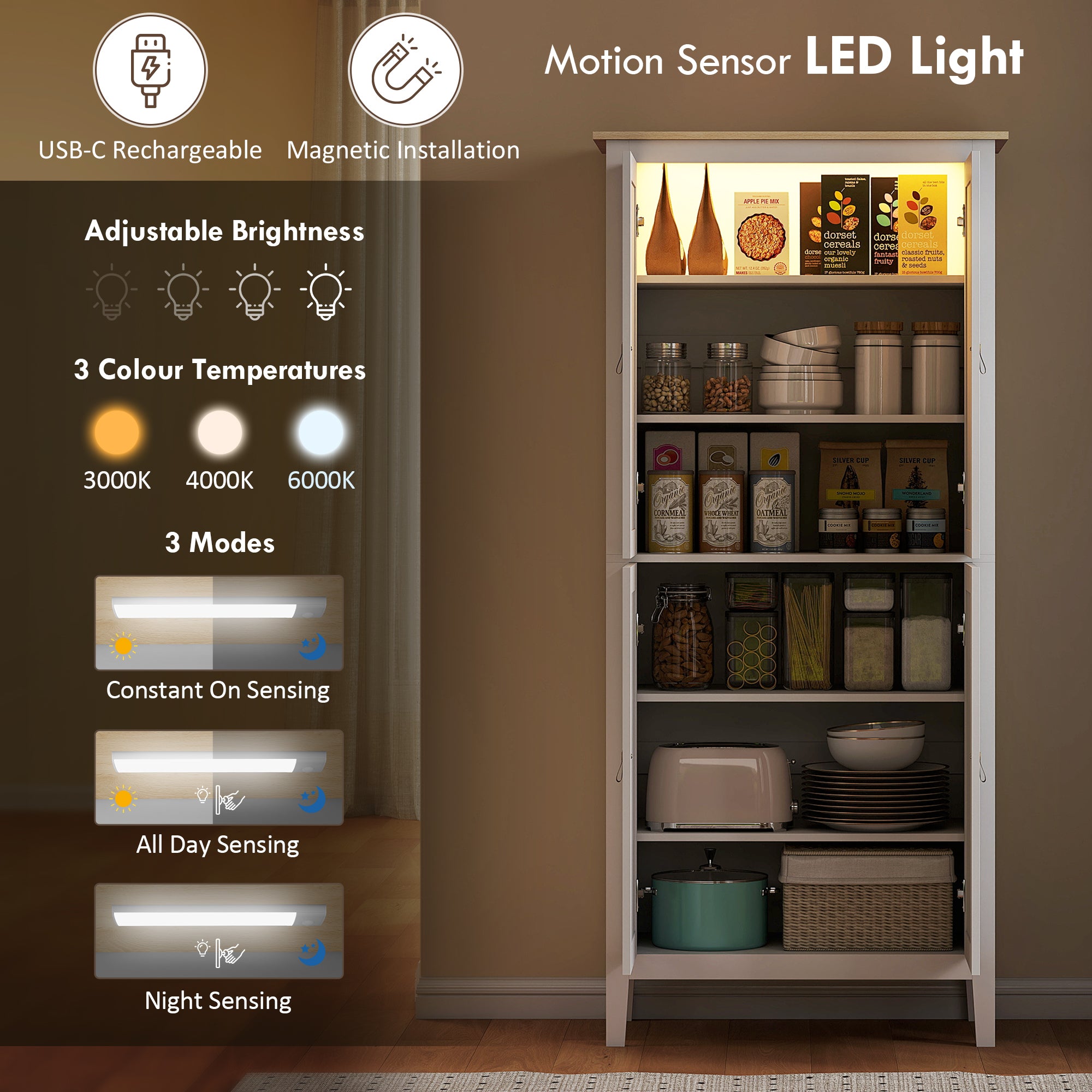 69.5" Kitchen Pantry Cabinet with LED Light, Motion Sensor, White, Modern Storage-DECOROLALA