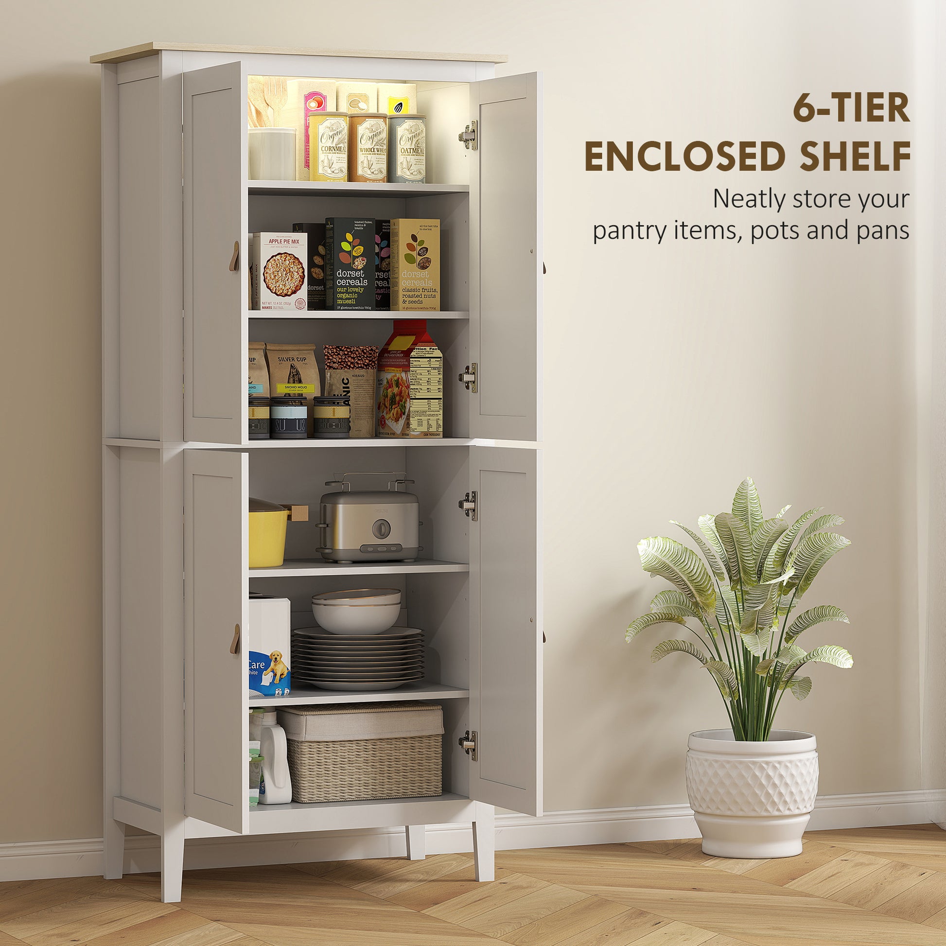 69.5" Kitchen Pantry Cabinet with LED Light, Motion Sensor, White, Modern Storage-DECOROLALA
