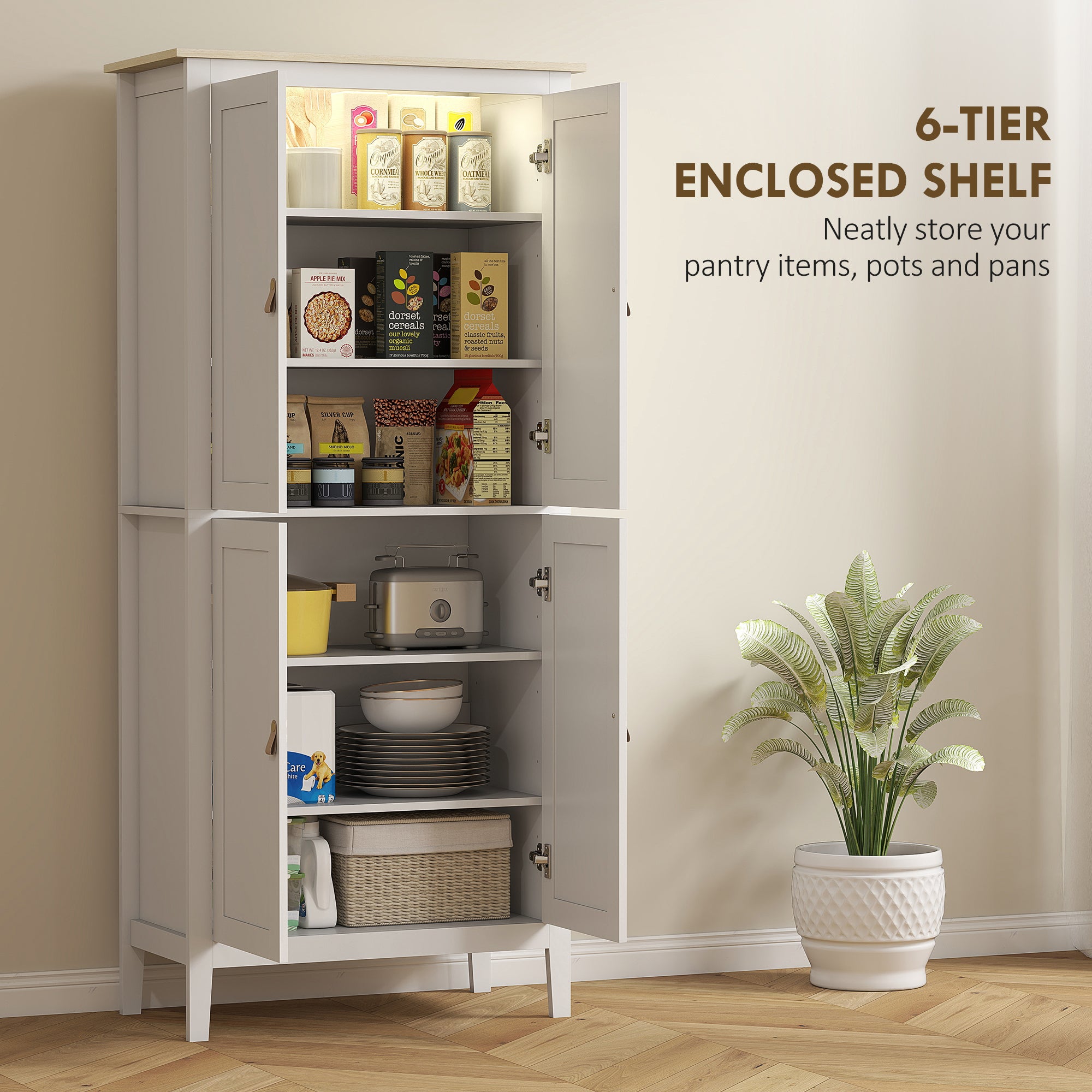 69.5" Kitchen Pantry Cabinet with LED Light, Motion Sensor, White, Modern Storage-DECOROLALA