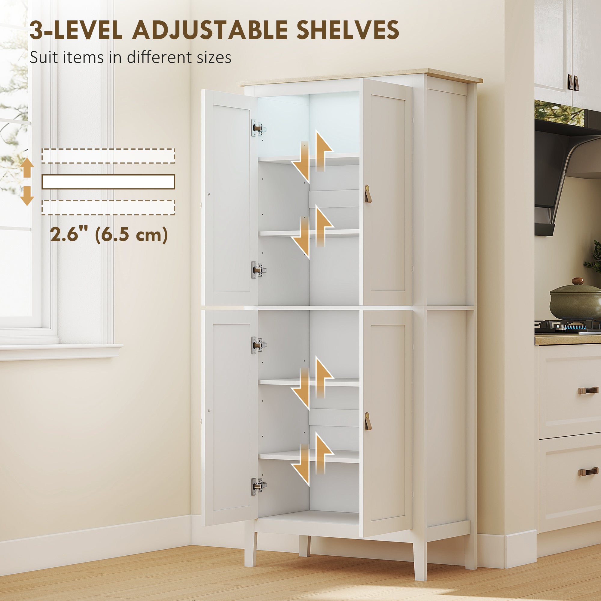 69.5" Kitchen Pantry Cabinet with LED Light, Motion Sensor, White, Modern Storage-DECOROLALA