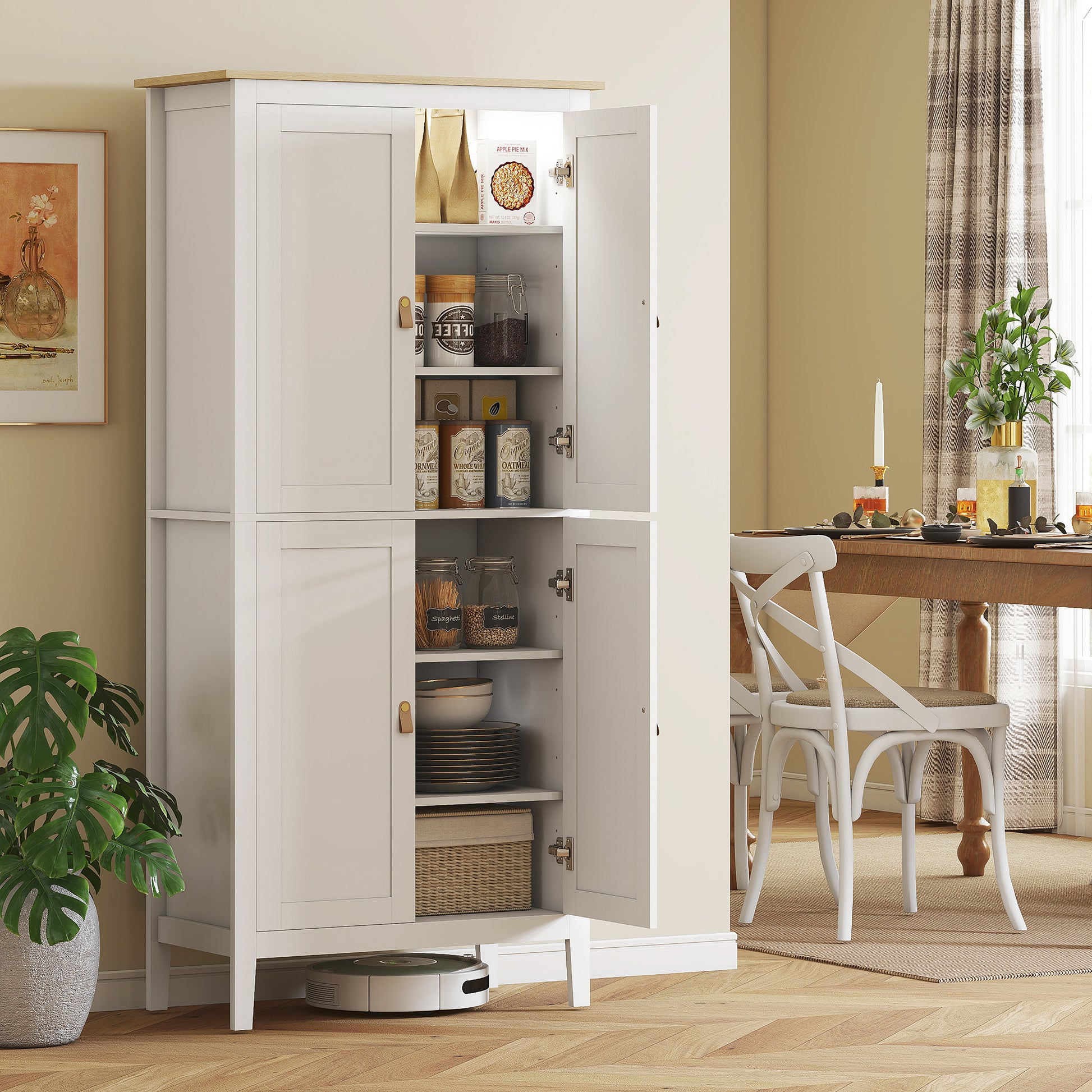 69.5" Kitchen Pantry Cabinet with LED Light, Motion Sensor, White, Modern Storage-DECOROLALA