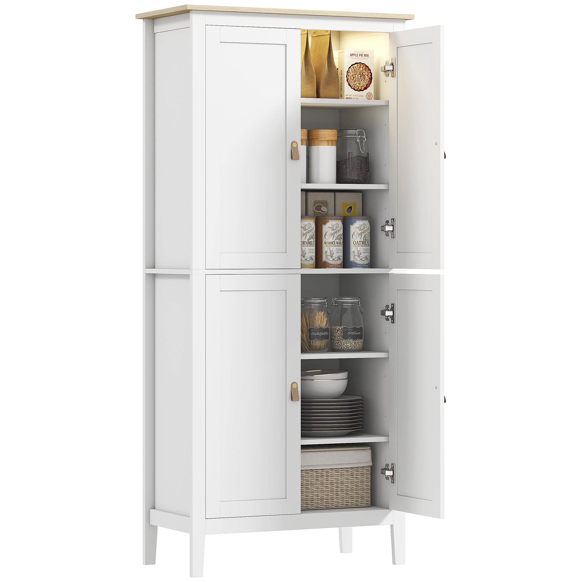 69.5" Kitchen Pantry Cabinet with LED Light, Motion Sensor, White, Modern Storage-DECOROLALA