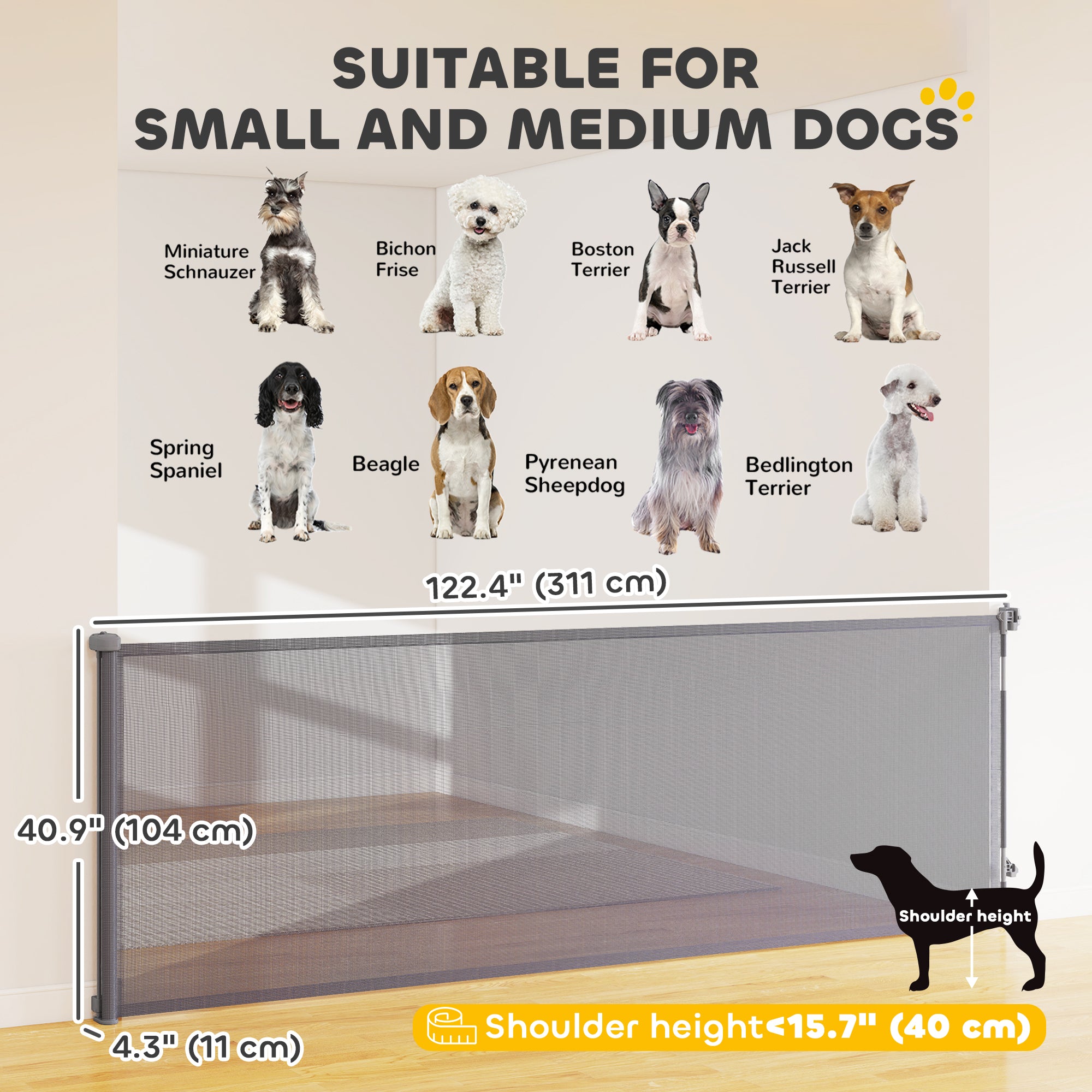 Retractable Dog Gate, 41" Tall,  Extends to 122" Wide, Mesh Pet Gate with Single Hand Operation, for Stairs, Doorways