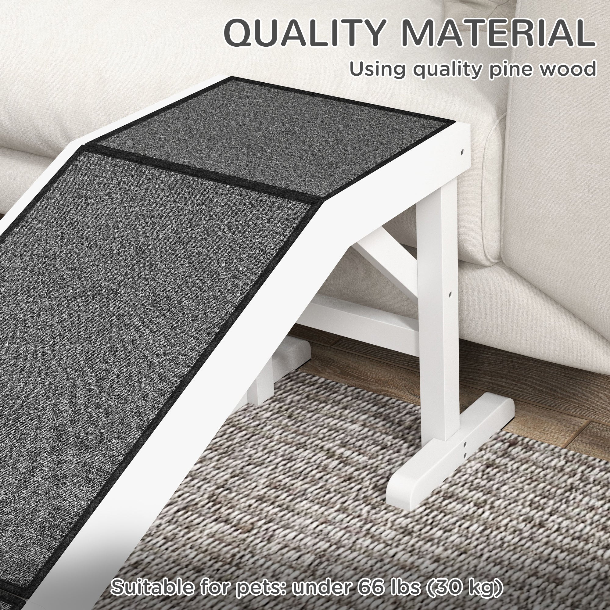 Rampe-lit avec marches pour chiens et chats, plateforme supérieure en moquette antidérapante, bois de pin, 59"L x 16"W x 20"H, blanc
