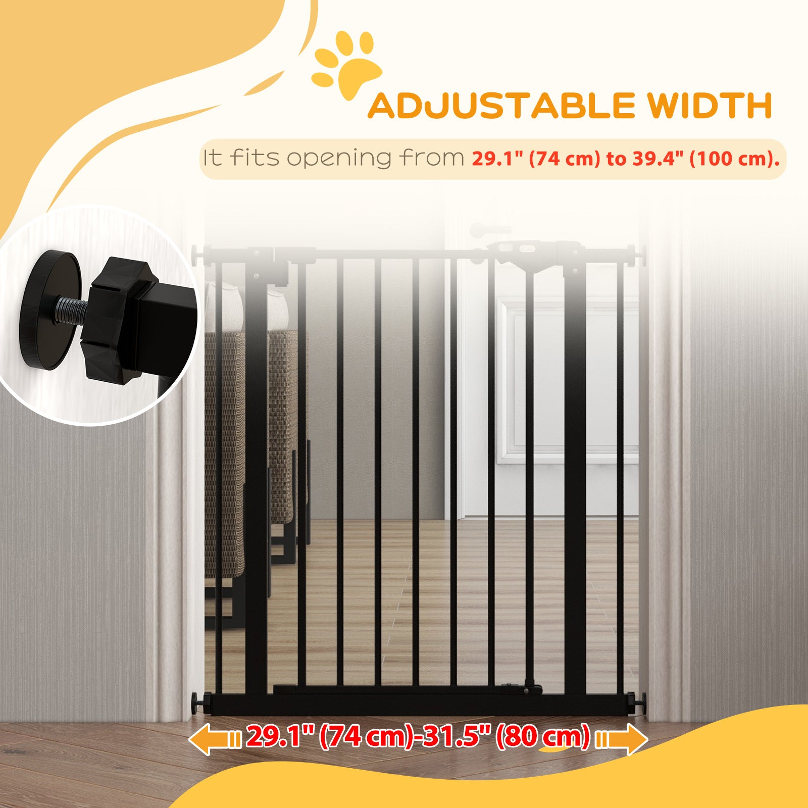 30 Inch Tall Pet Gate with Door Dog Gate and Barrier Indoor for Stairs, Pressure-Mounted Safety Gate, Black