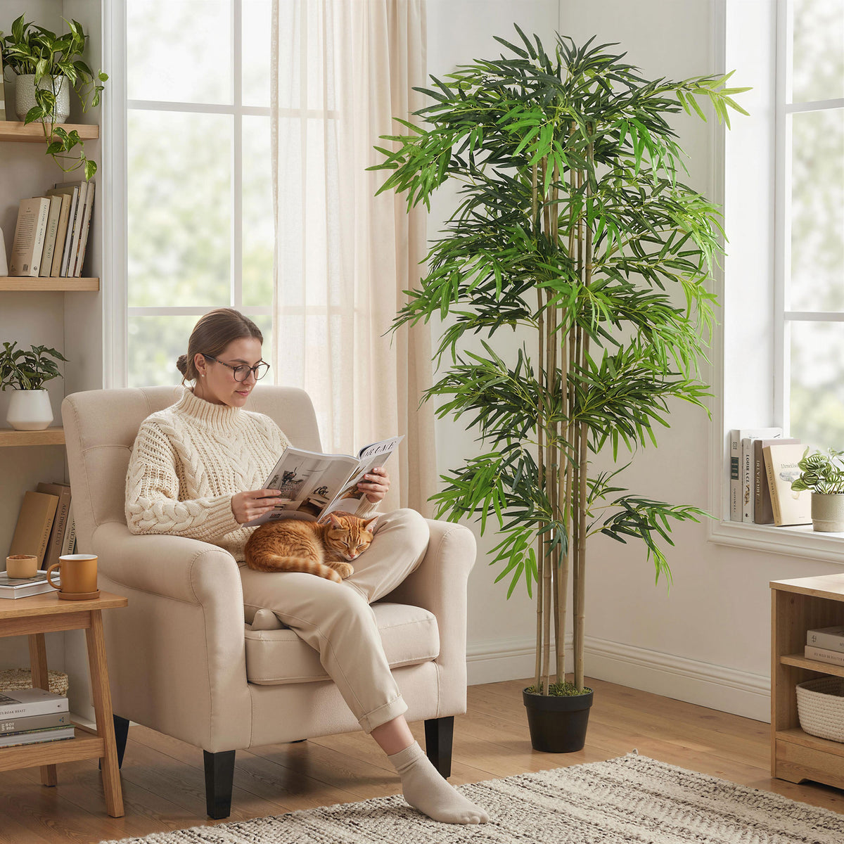 6FT Artificial Bamboo Tree, Fake Plant with 1530 Leaves, Greenery Plant in Nursery Pot for Indoor, Green-Artificial Trees-DECOROLALA