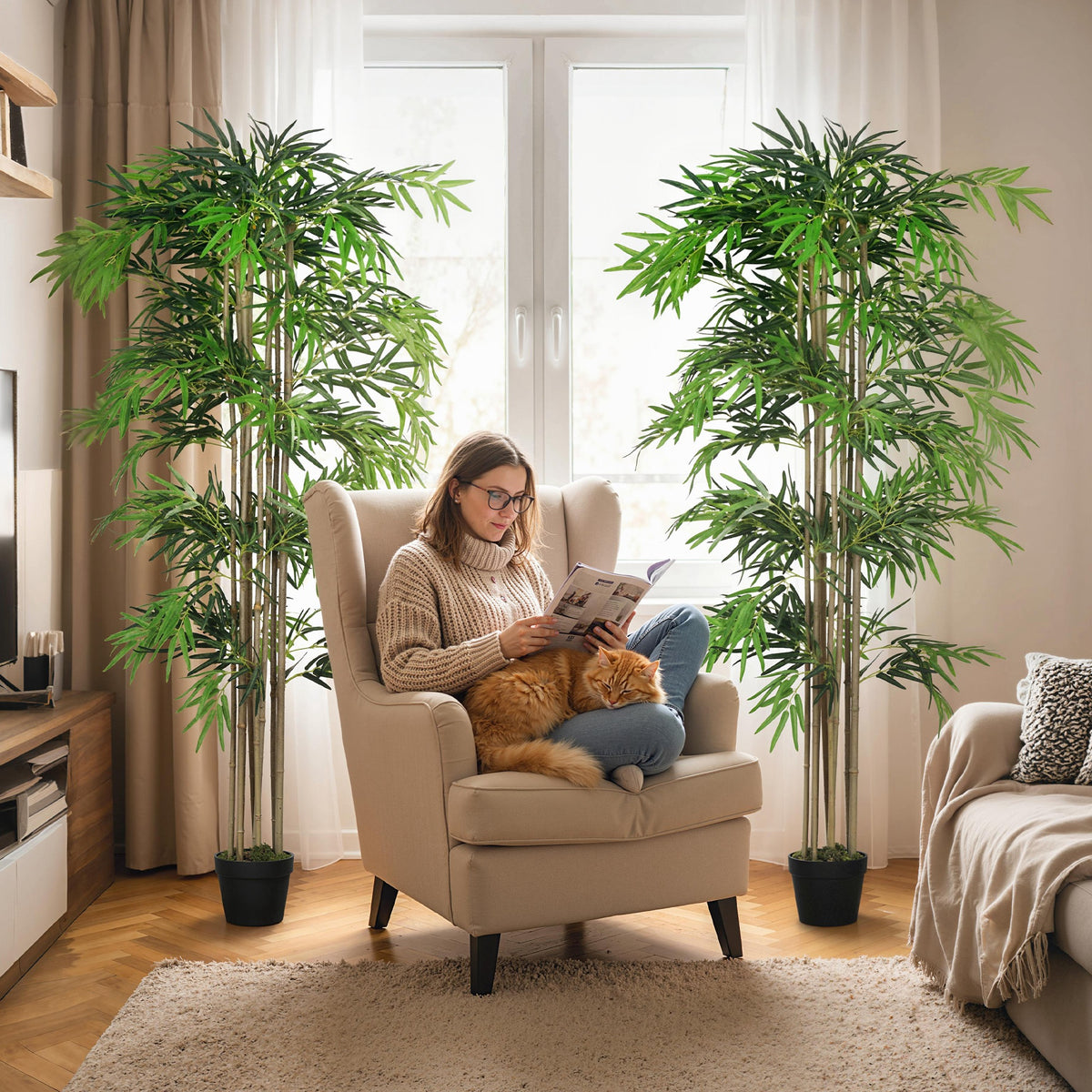 6FT Artificial Bamboo Tree Set of 2, Fake Plant with 1530 Leaves, Greenery Plant in Nursery Pot for Indoor, Green-Artificial Trees-DECOROLALA