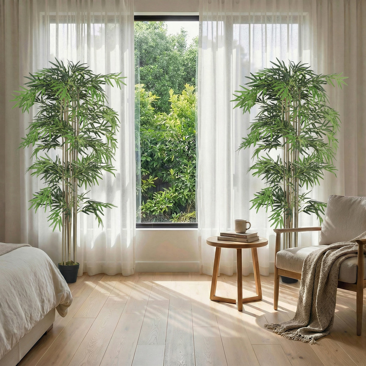 6FT Artificial Bamboo Tree Set of 2, Fake Plant with 1530 Leaves, Greenery Plant in Nursery Pot for Indoor, Green-Artificial Trees-DECOROLALA