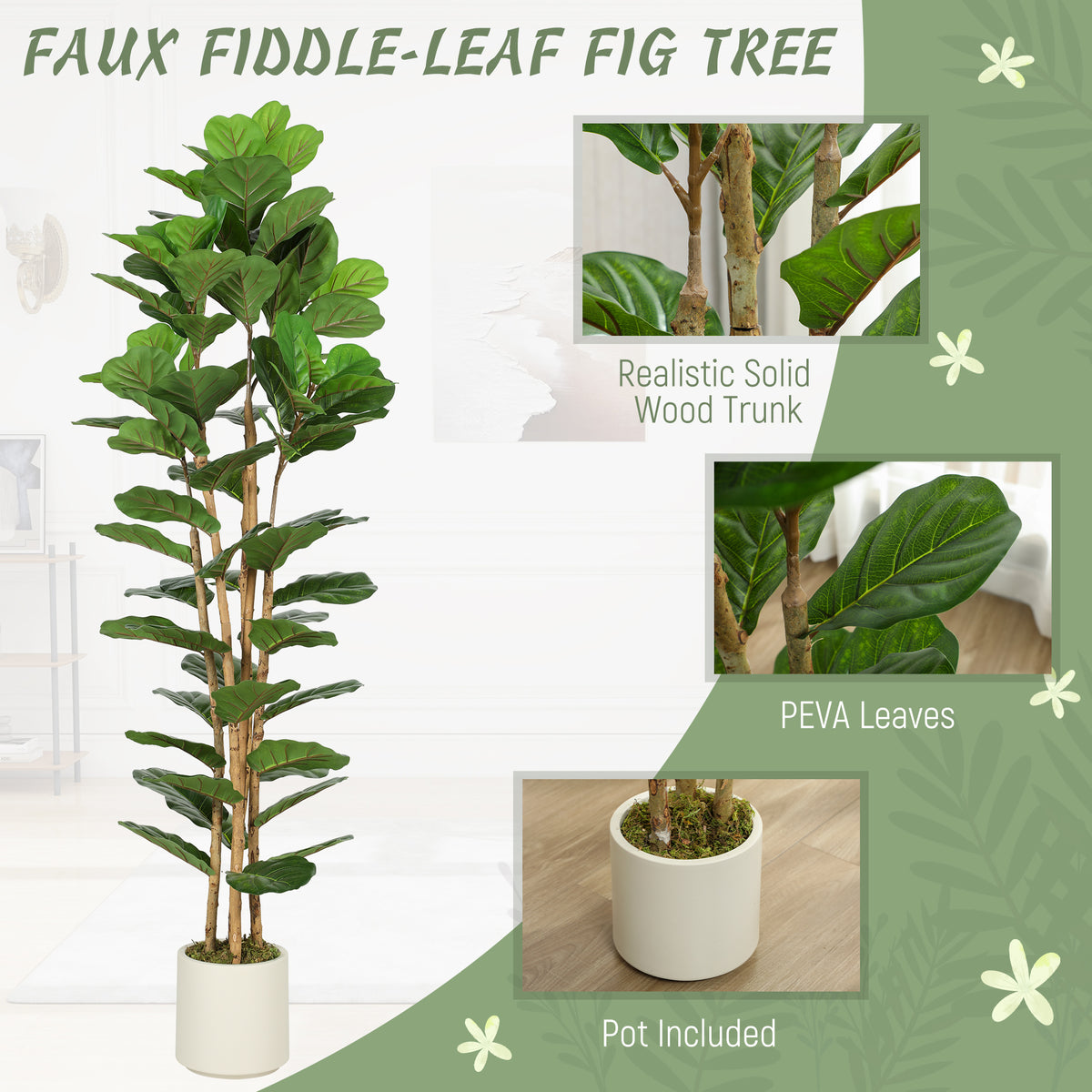6FT Artificial Fiddle Leaf Fig Tree, Fake Potted Tree with Solid Wood Trunks and Lifelike Leaves for Indoor Decor, Green-Artificial Trees-DECOROLALA
