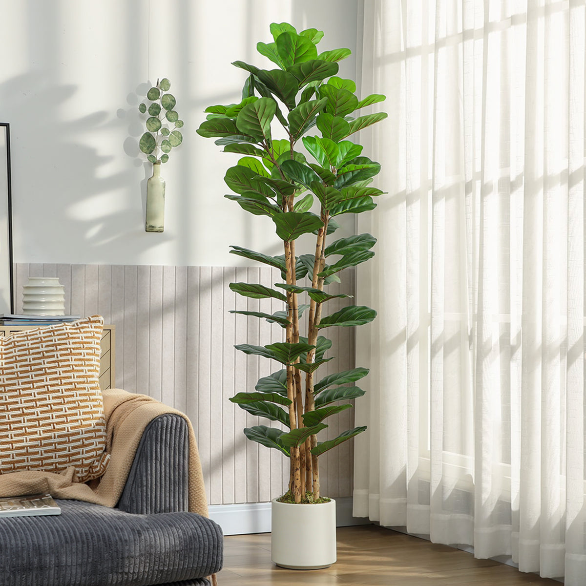 6FT Artificial Fiddle Leaf Fig Tree, Fake Potted Tree with Solid Wood Trunks and Lifelike Leaves for Indoor Decor, Green-Artificial Trees-DECOROLALA