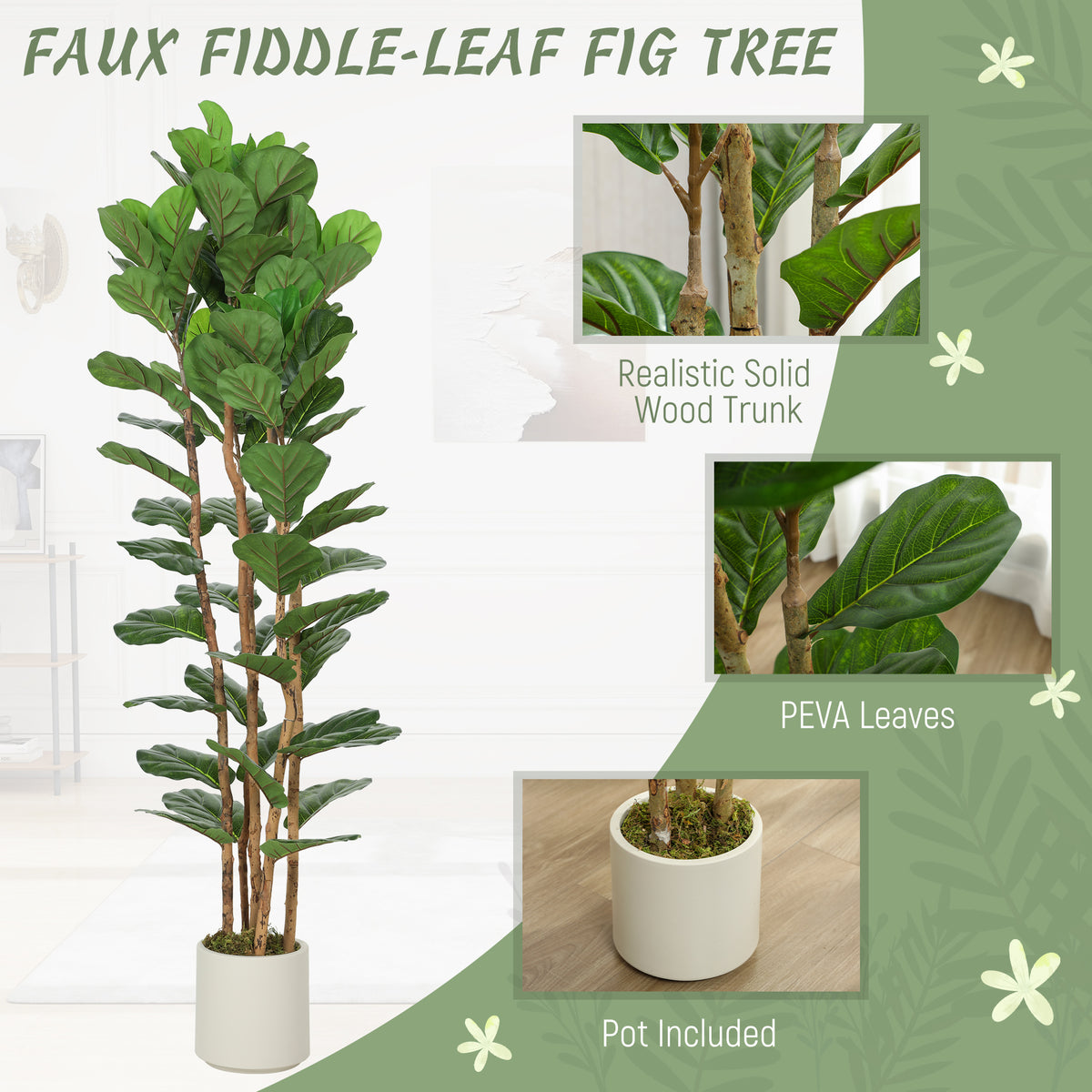 6FT Artificial Fiddle Leaf Fig Tree Set of 2, Fake Potted Tree with Solid Wood Trunks for Indoor Decor, Green-Artificial Trees-DECOROLALA