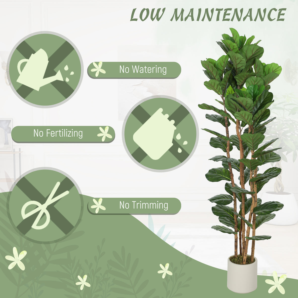 6FT Artificial Fiddle Leaf Fig Tree Set of 2, Fake Potted Tree with Solid Wood Trunks for Indoor Decor, Green-Artificial Trees-DECOROLALA