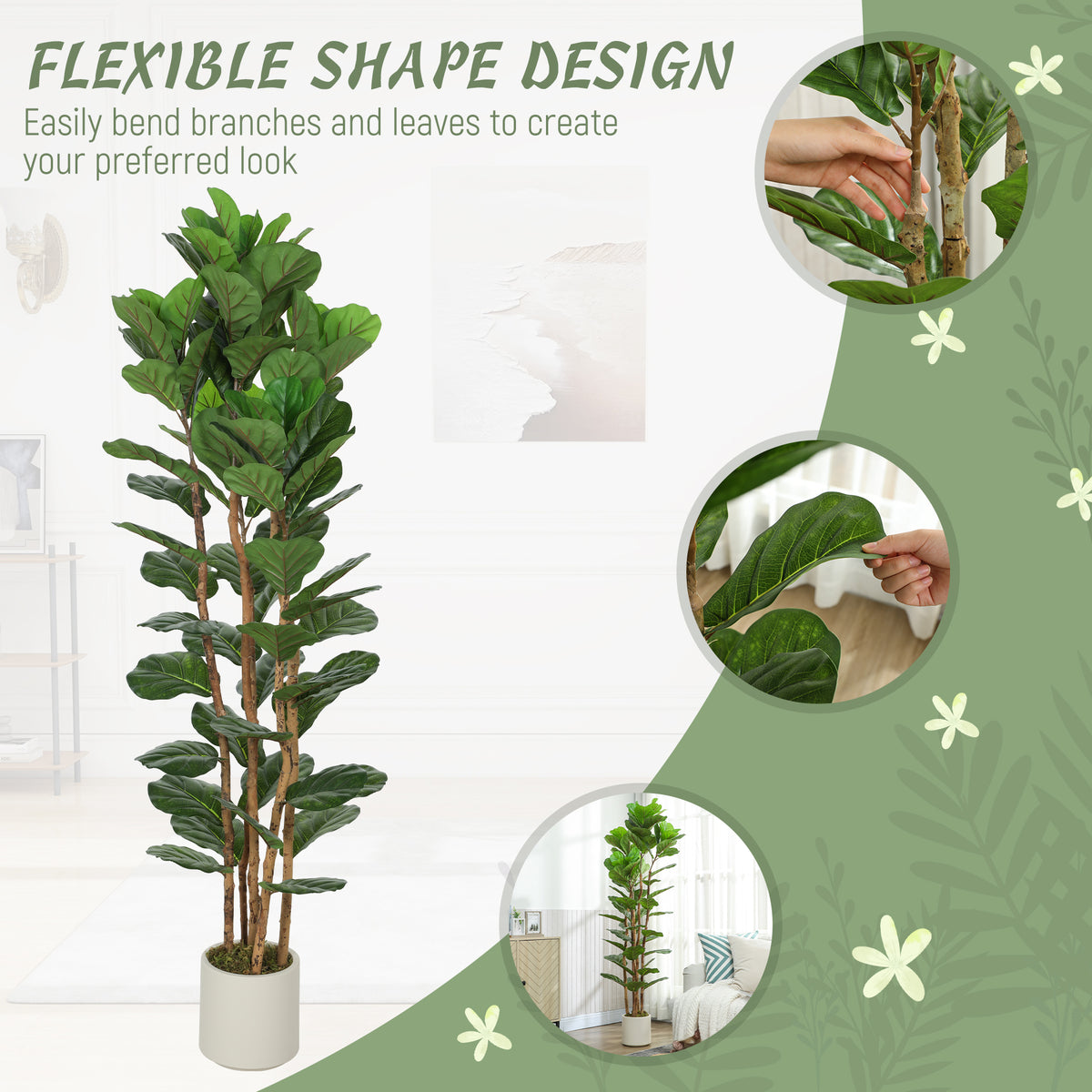 6FT Artificial Fiddle Leaf Fig Tree Set of 2, Fake Potted Tree with Solid Wood Trunks for Indoor Decor, Green-Artificial Trees-DECOROLALA