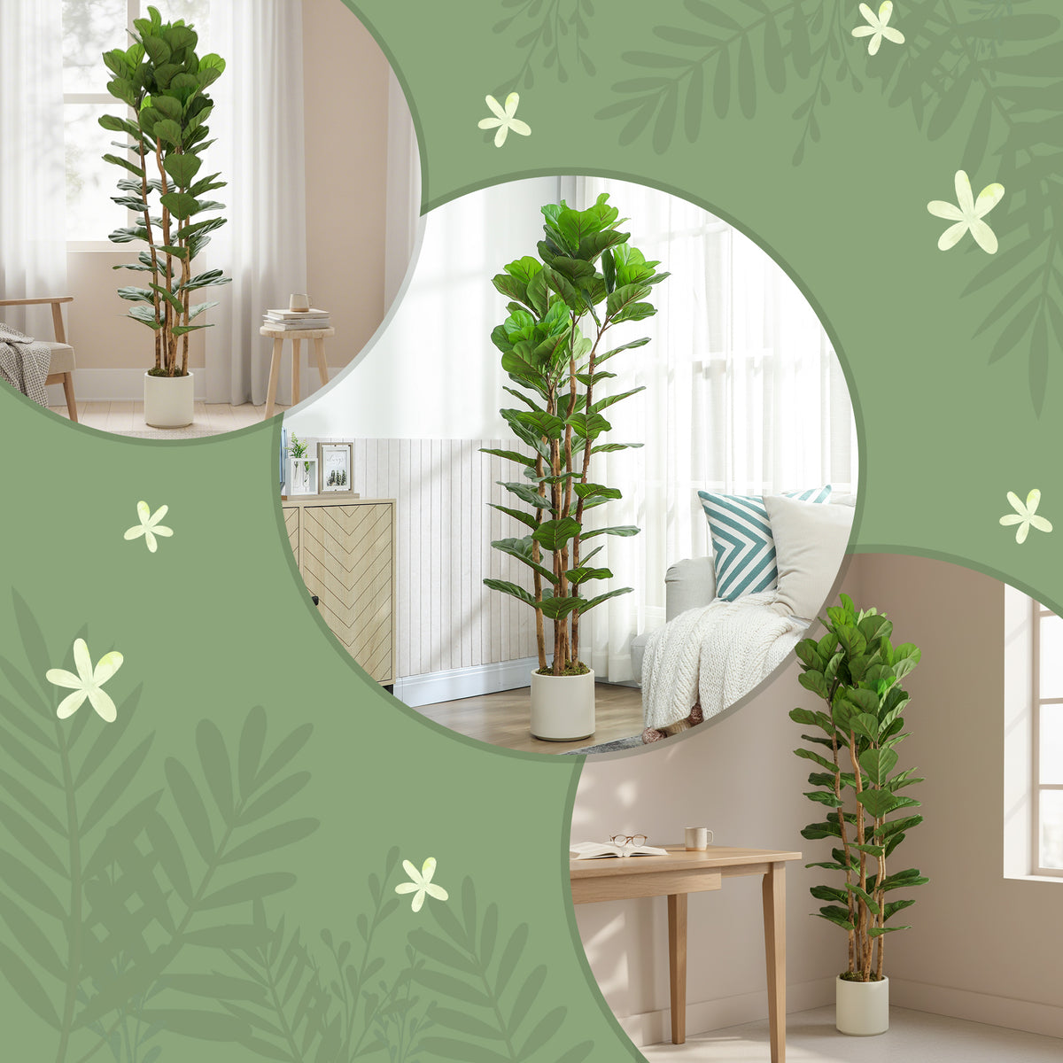 6FT Artificial Fiddle Leaf Fig Tree Set of 2, Fake Potted Tree with Solid Wood Trunks for Indoor Decor, Green-Artificial Trees-DECOROLALA