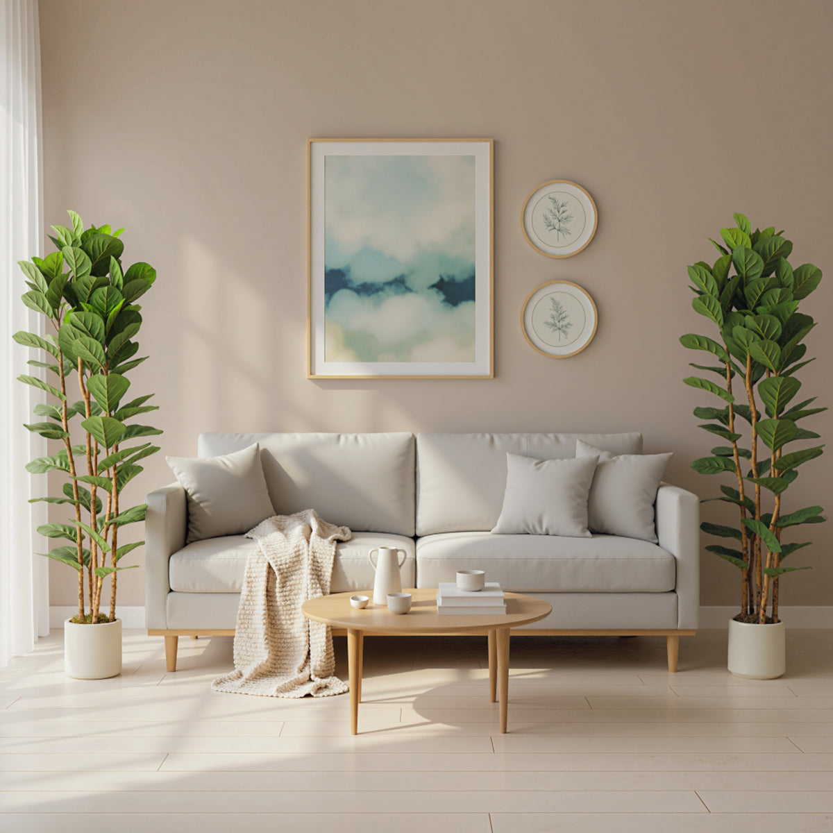 6FT Artificial Fiddle Leaf Fig Tree Set of 2, Fake Potted Tree with Solid Wood Trunks for Indoor Decor, Green-Artificial Trees-DECOROLALA