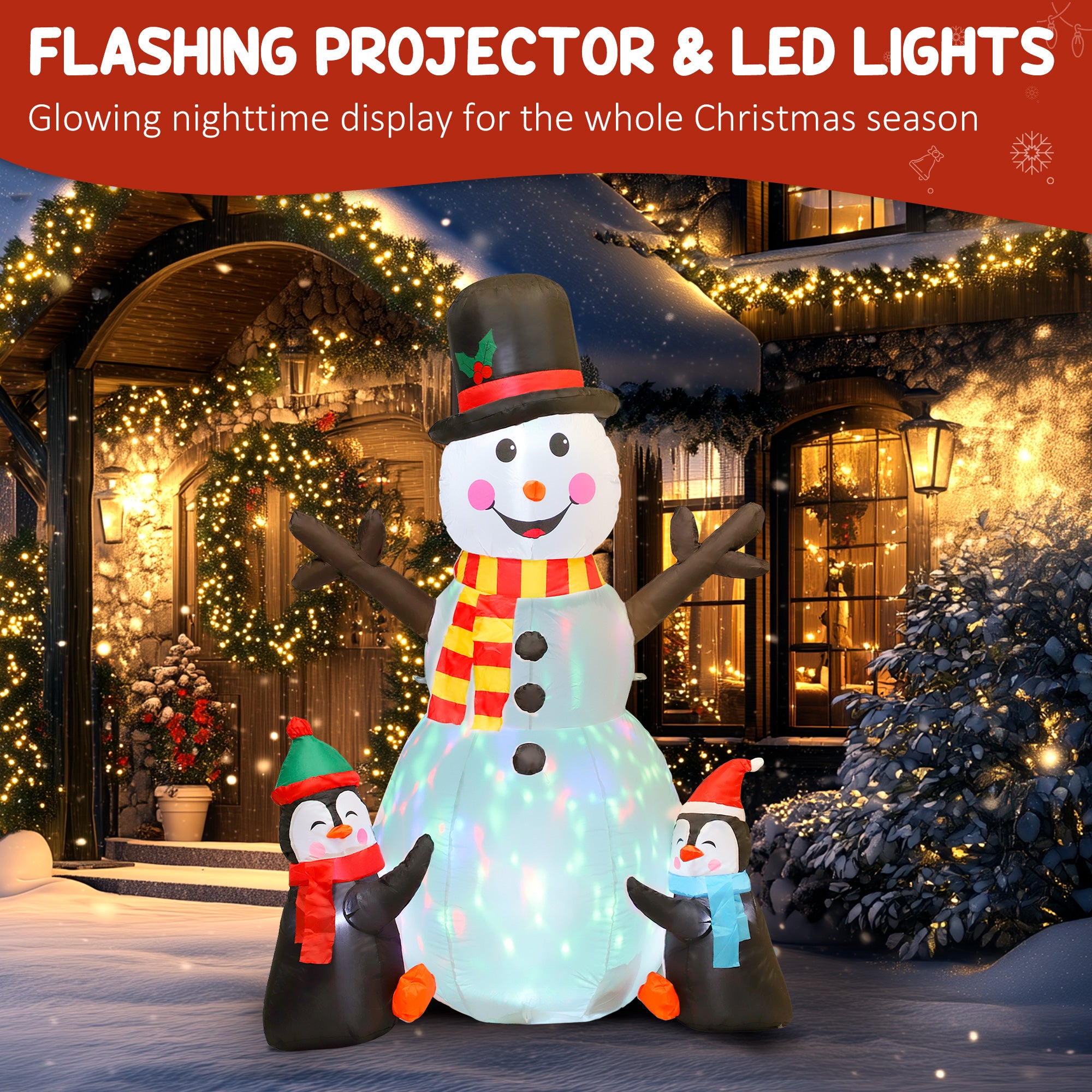 6FT Christmas Inflatables Snowman & Penguins with LED Lights and Flashing Projector Light, Blow Up Inflatable Decoration-Home Furnishings > Holiday & Seasonal > Christmas Decorations > Christmas Inflatables-DECOROLALA
