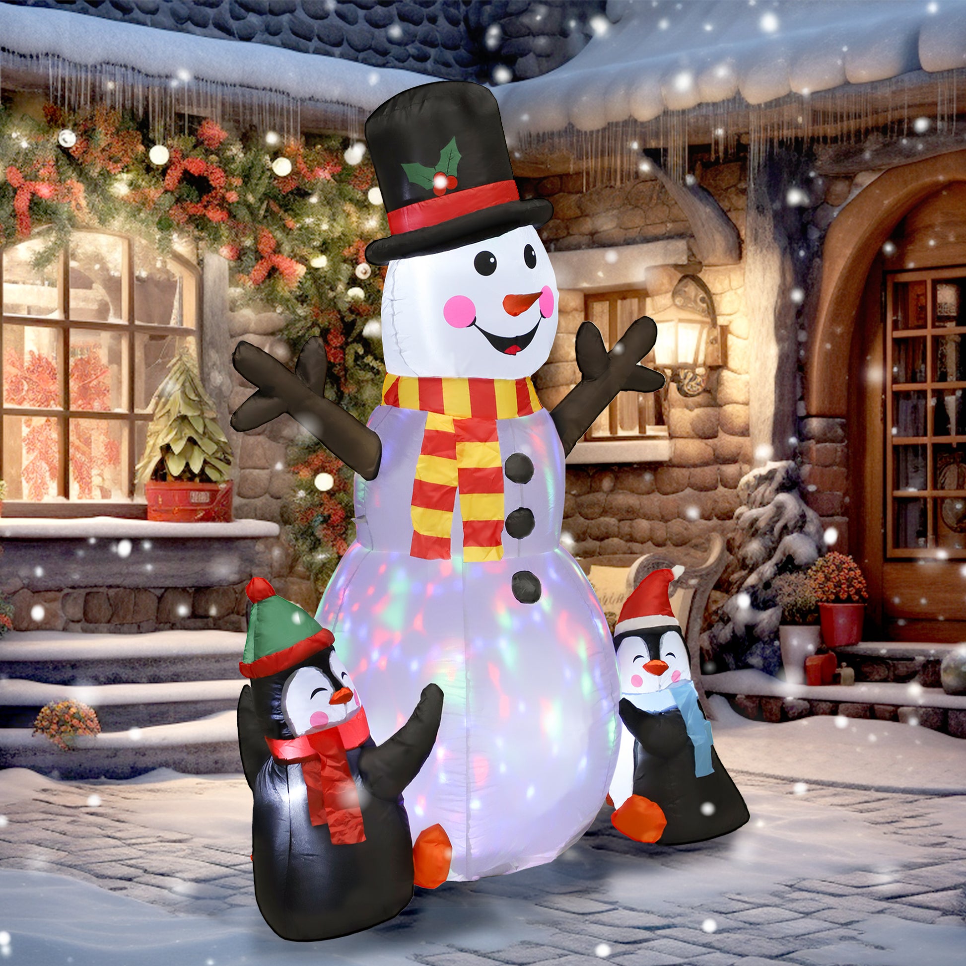 6FT Christmas Inflatables Snowman & Penguins with LED Lights and Flashing Projector Light, Blow Up Inflatable Decoration-Home Furnishings > Holiday & Seasonal > Christmas Decorations > Christmas Inflatables-DECOROLALA