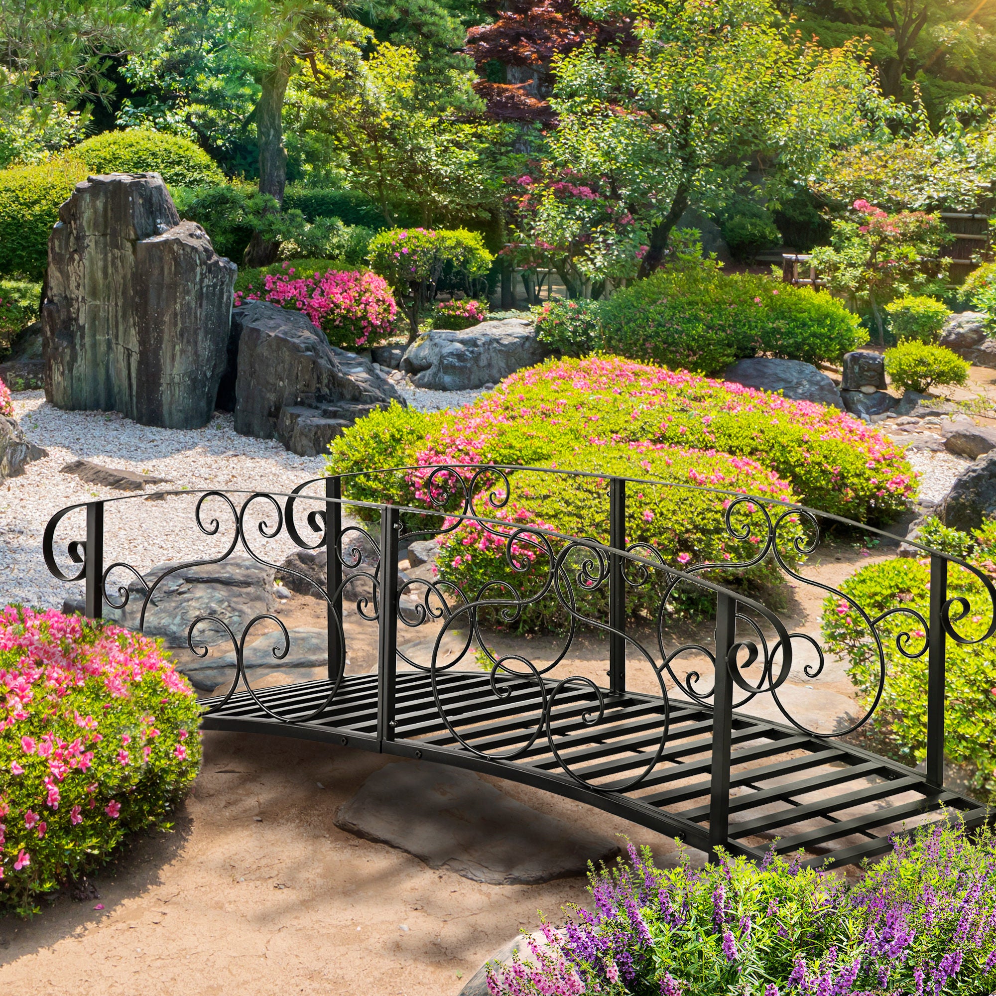 6FT Steel Garden Bridge - Black Decorative Arched Walkway-DECOROLALA