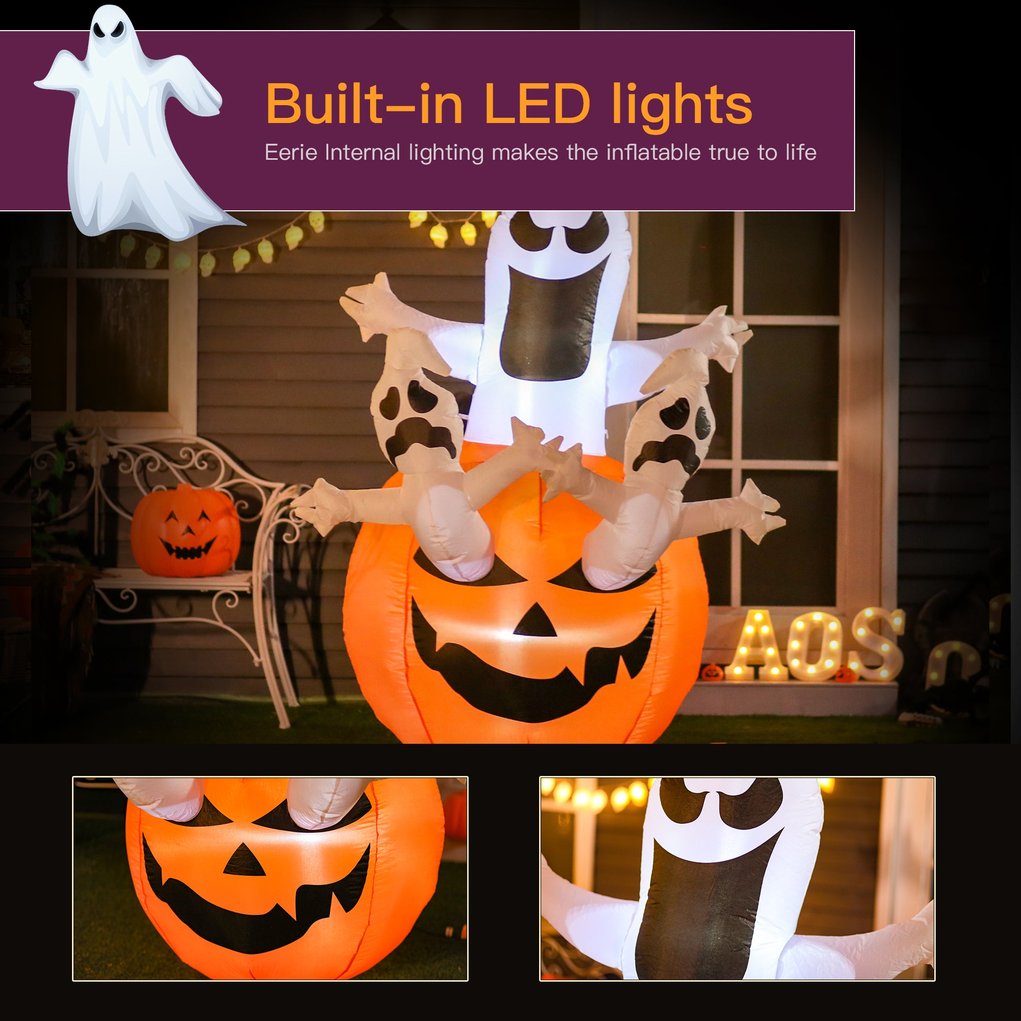 6FT Tall Halloween Inflatable Jack-O-Lantern and Ghosts, Outdoor Blow Up Yard Decoration with Pumpkin Lantern and LED Lights for Garden, Lawn, Party, Holiday-Home Furnishings > Holiday & Seasonal > Halloween Decorations-DECOROLALA