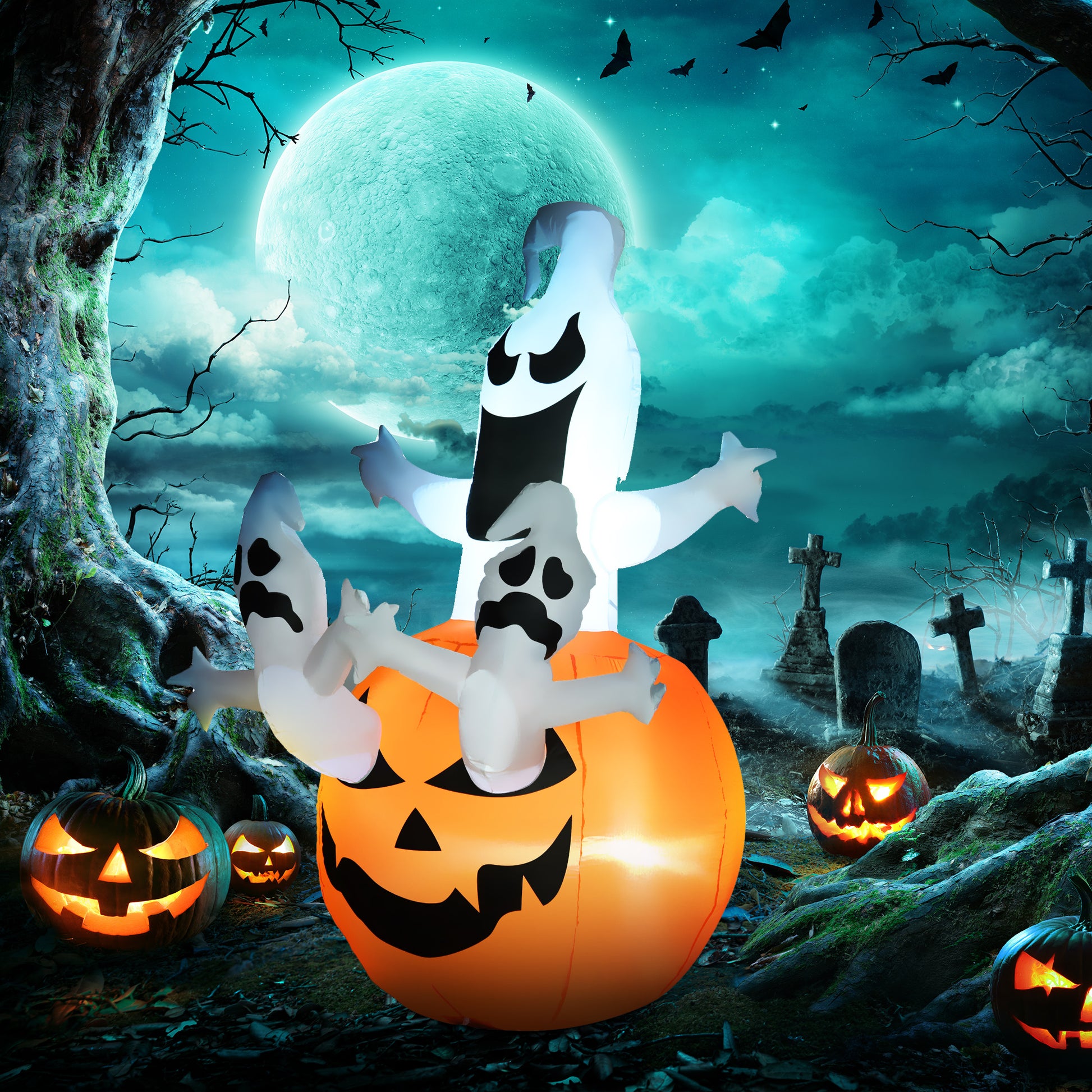 6FT Tall Halloween Inflatable Jack-O-Lantern and Ghosts, Outdoor Blow Up Yard Decoration with Pumpkin Lantern and LED Lights for Garden, Lawn, Party, Holiday-Home Furnishings > Holiday & Seasonal > Halloween Decorations-DECOROLALA