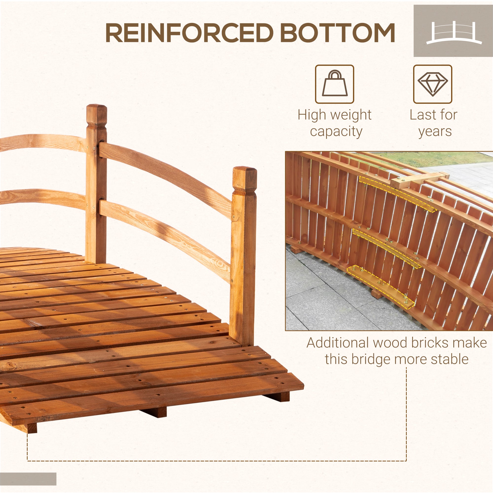 6FT Wooden Garden Bridge with Rails - Orange Fir Wood-DECOROLALA