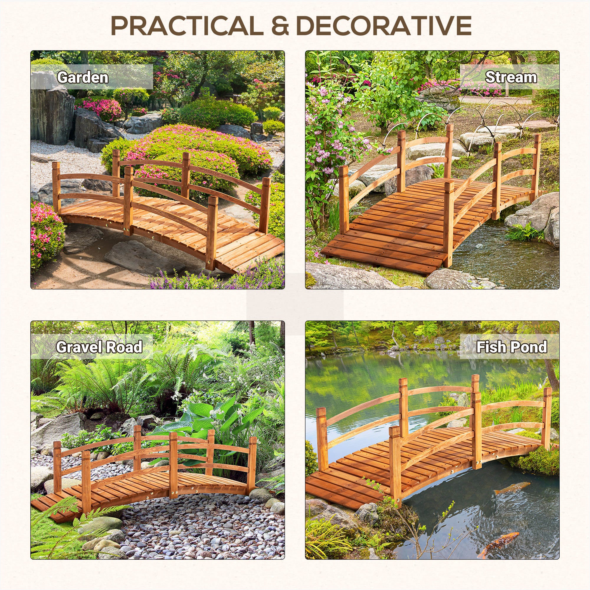 6FT Wooden Garden Bridge with Rails - Orange Fir Wood-DECOROLALA