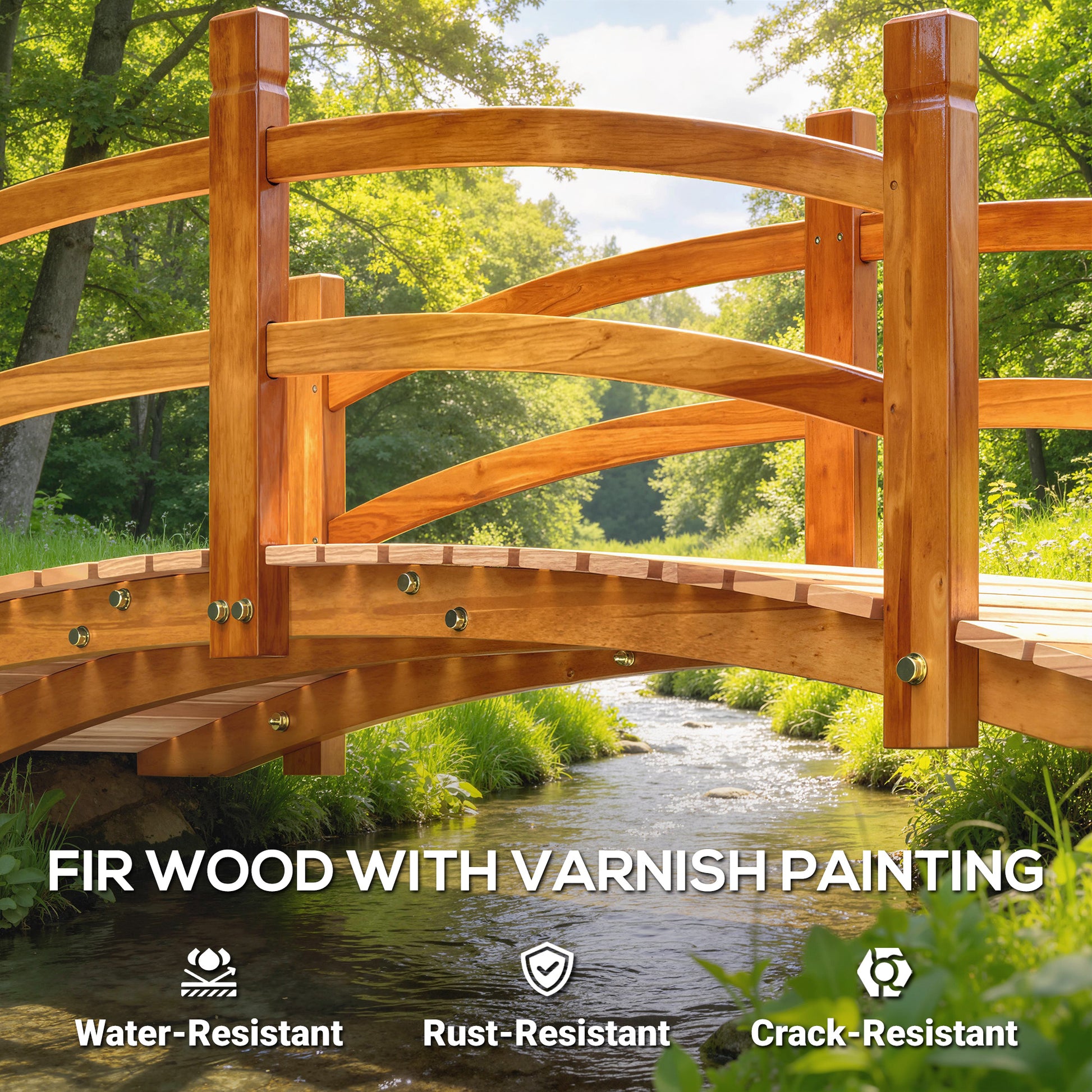 6FT Wooden Garden Bridge with Rails - Orange Fir Wood-DECOROLALA