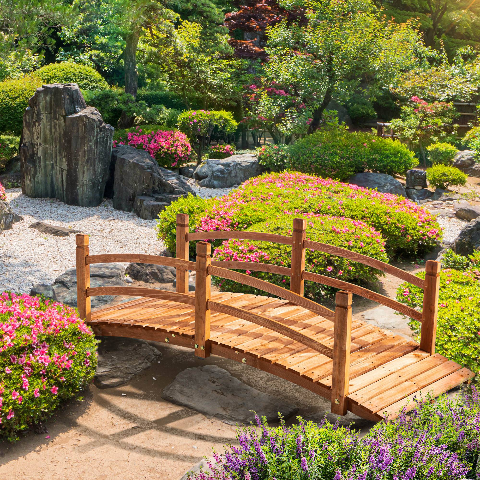 6FT Wooden Garden Bridge with Rails - Orange Fir Wood-DECOROLALA