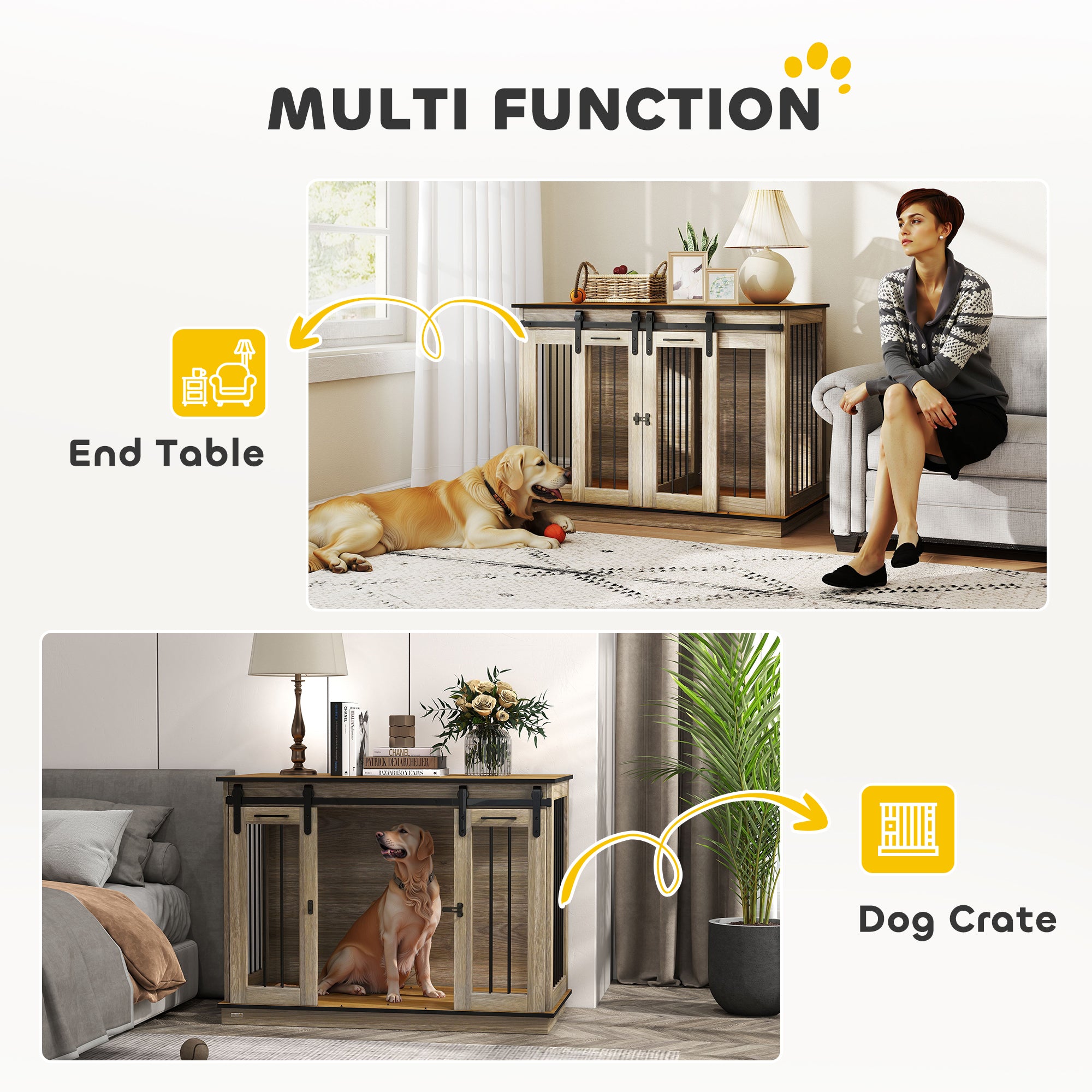 Meuble cage pour chien de 47 pouces avec panneau séparateur, niche en bois pour chien faisant office de meuble TV pour grands chiens, table d’appoint avec maison pour animaux pour 2 petits chiens, design à deux compartiments, 2 portes coulissantes, chêne