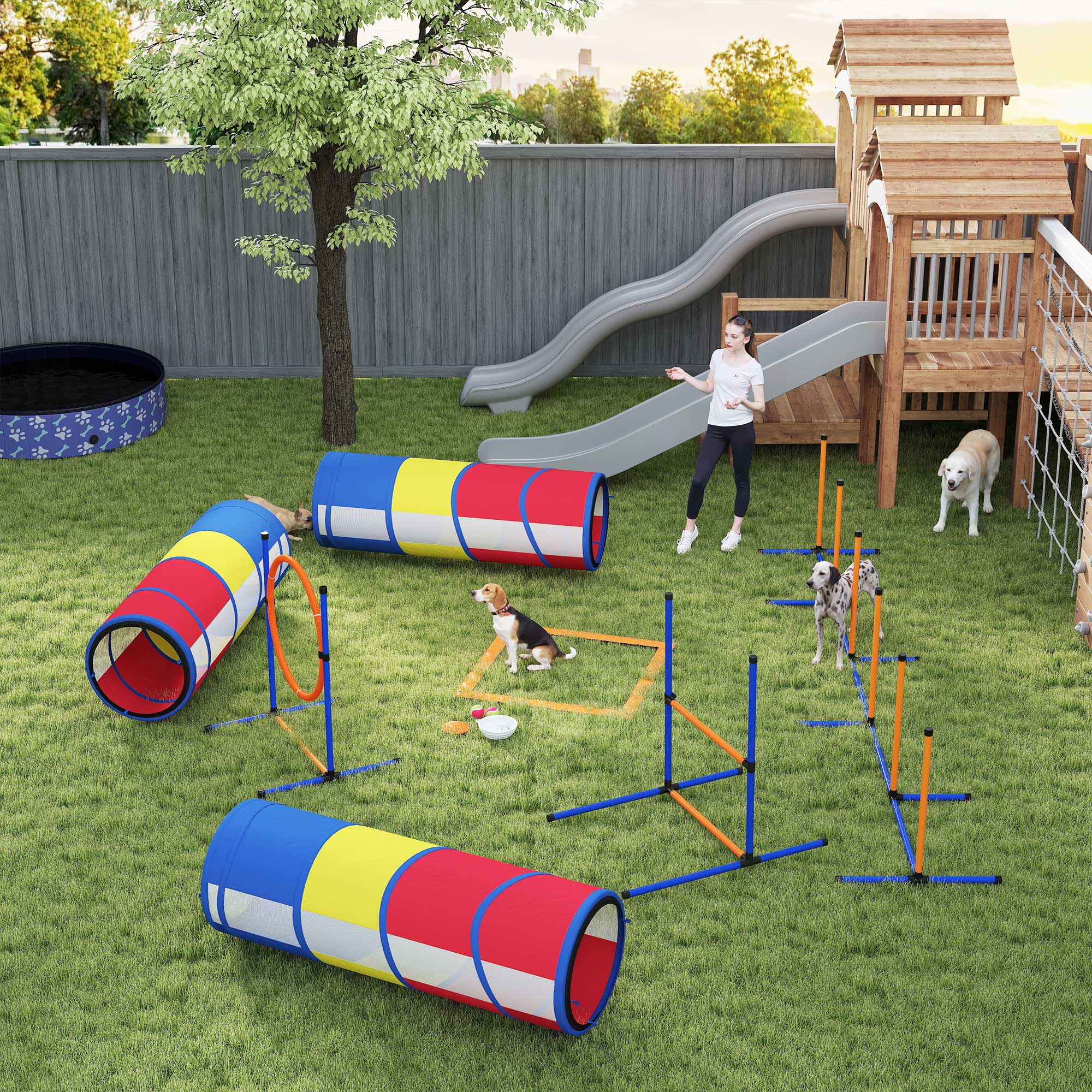 Dog Agility Training Equipment, 11-Piece Dog Obstacle Course with Adjustable Hurdle & Ring, 3 Tunnels, Weave Poles