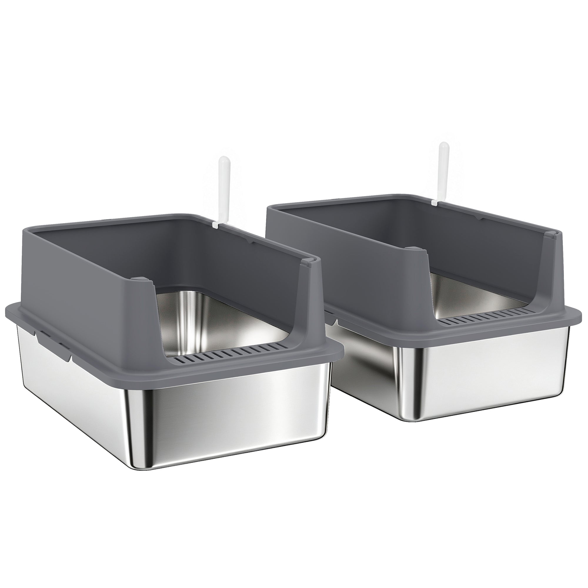 2 Pack XL Stainless Steel Litter Box with Scoops, High Sided, for Big and Multiple Cats, Anti-Urine Leakage