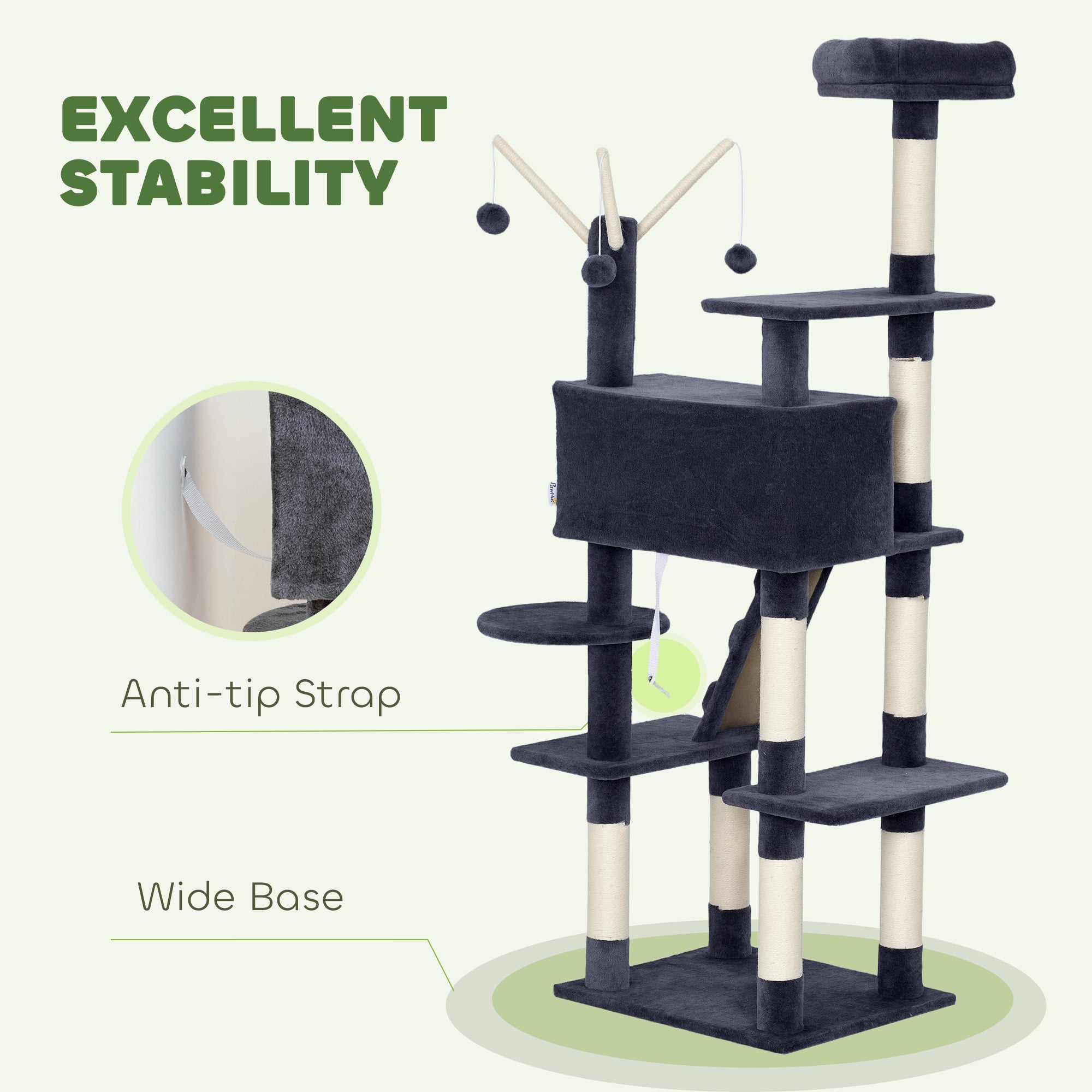 59 Inch Large Cat Tree with Sisal Scratching Posts, Cozy Condo, Top Perch, Ladder and Interactive Balls, Dark Grey