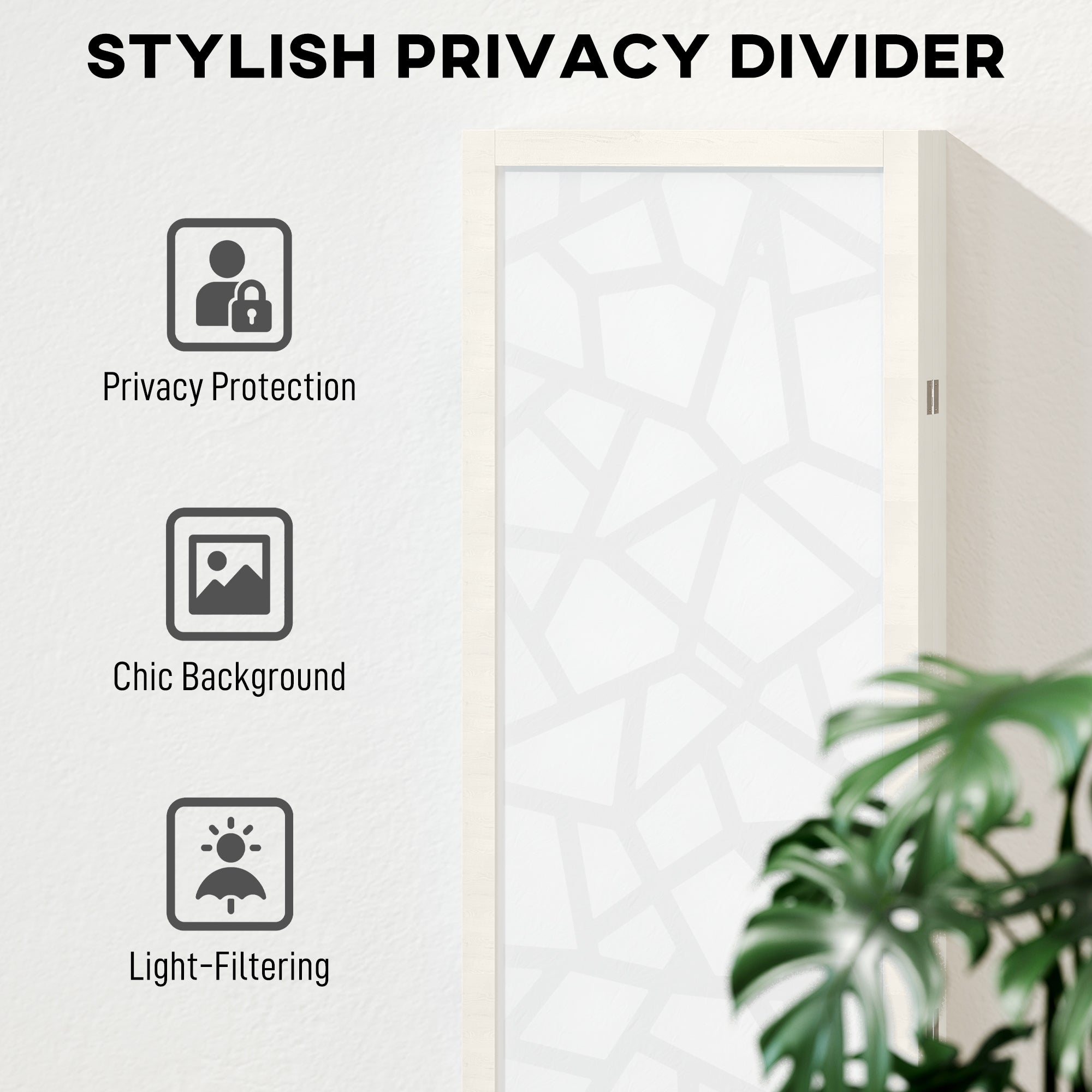 4 Panel Room Divider, 5.6 FT Lightweight Folding Privacy Screen with Geometric Pattern for Living Room, Bedroom, White