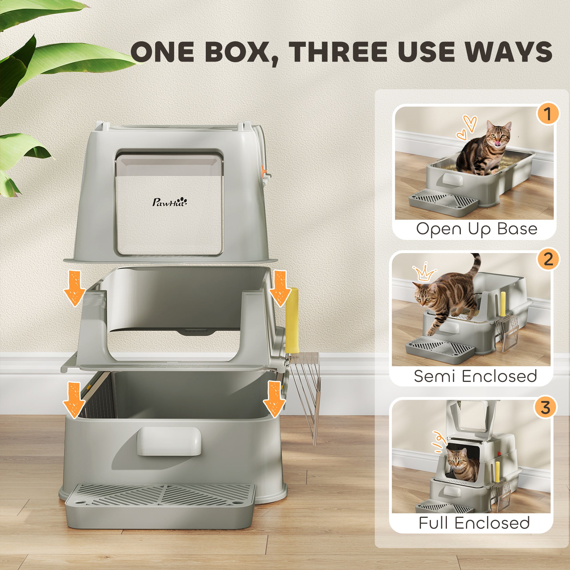 80L XL Stainless Steel Cat Litter Box for Big Cats with Flip Cover, Pull-Out Drawer Tray, High Sided, Pedal, Light Grey