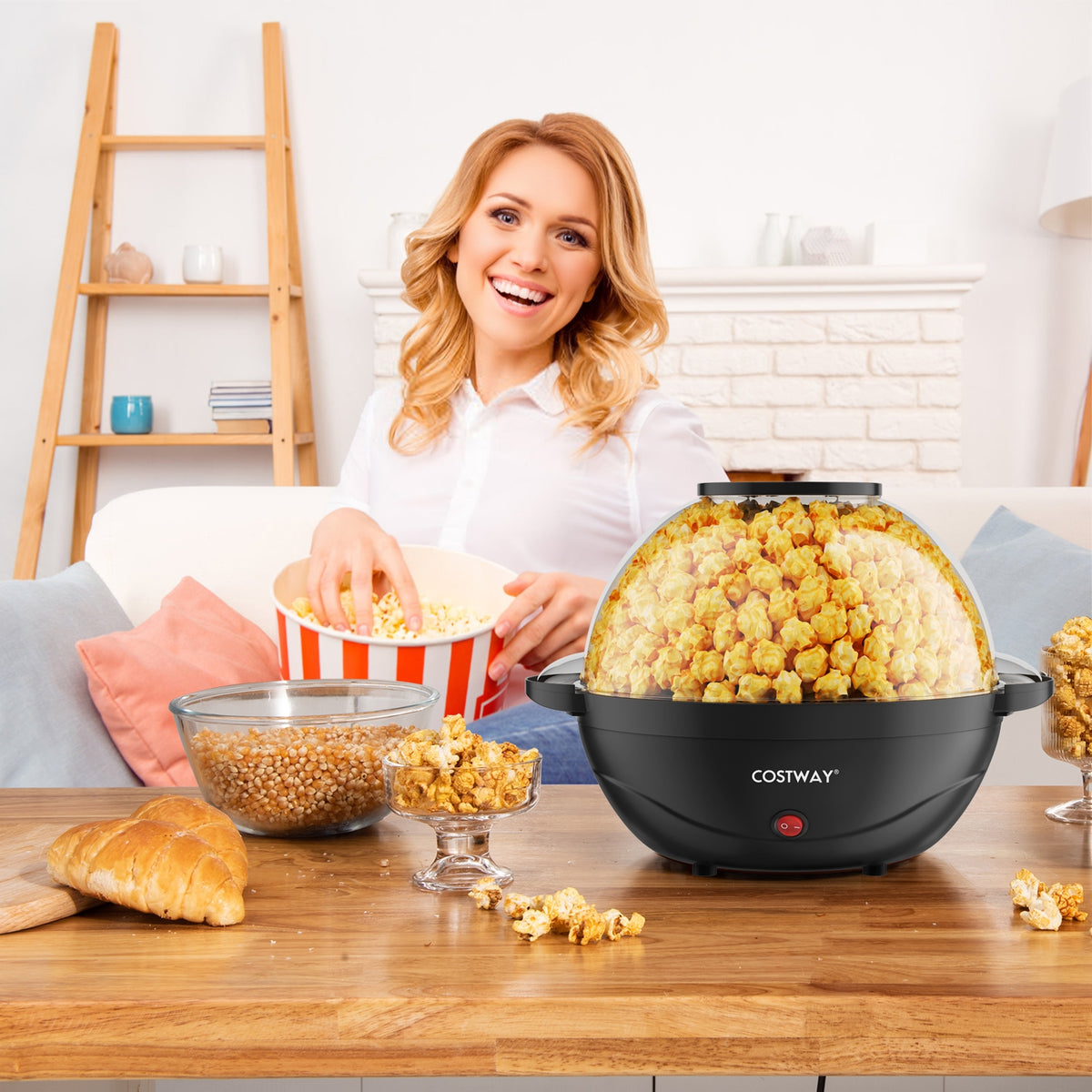 6QT Stirring Popcorn Popper Maker with Nonstick Plate-Black-Small Appliances-DECOROLALA