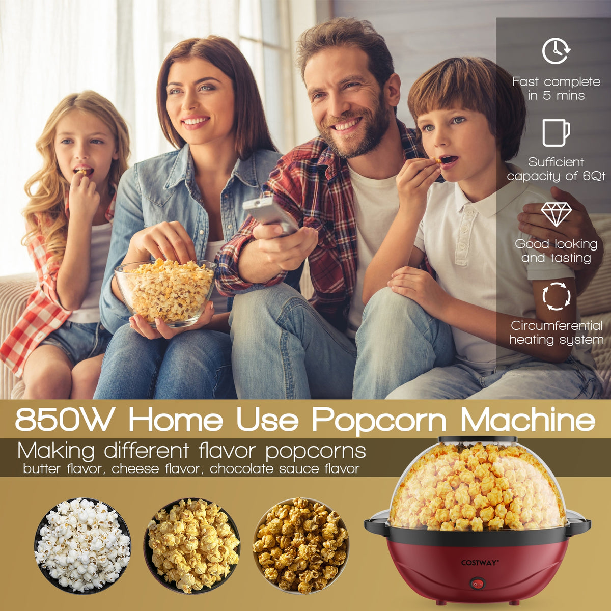 6QT Stirring Popcorn Popper Maker with Nonstick Plate-Red-Small Appliances-DECOROLALA