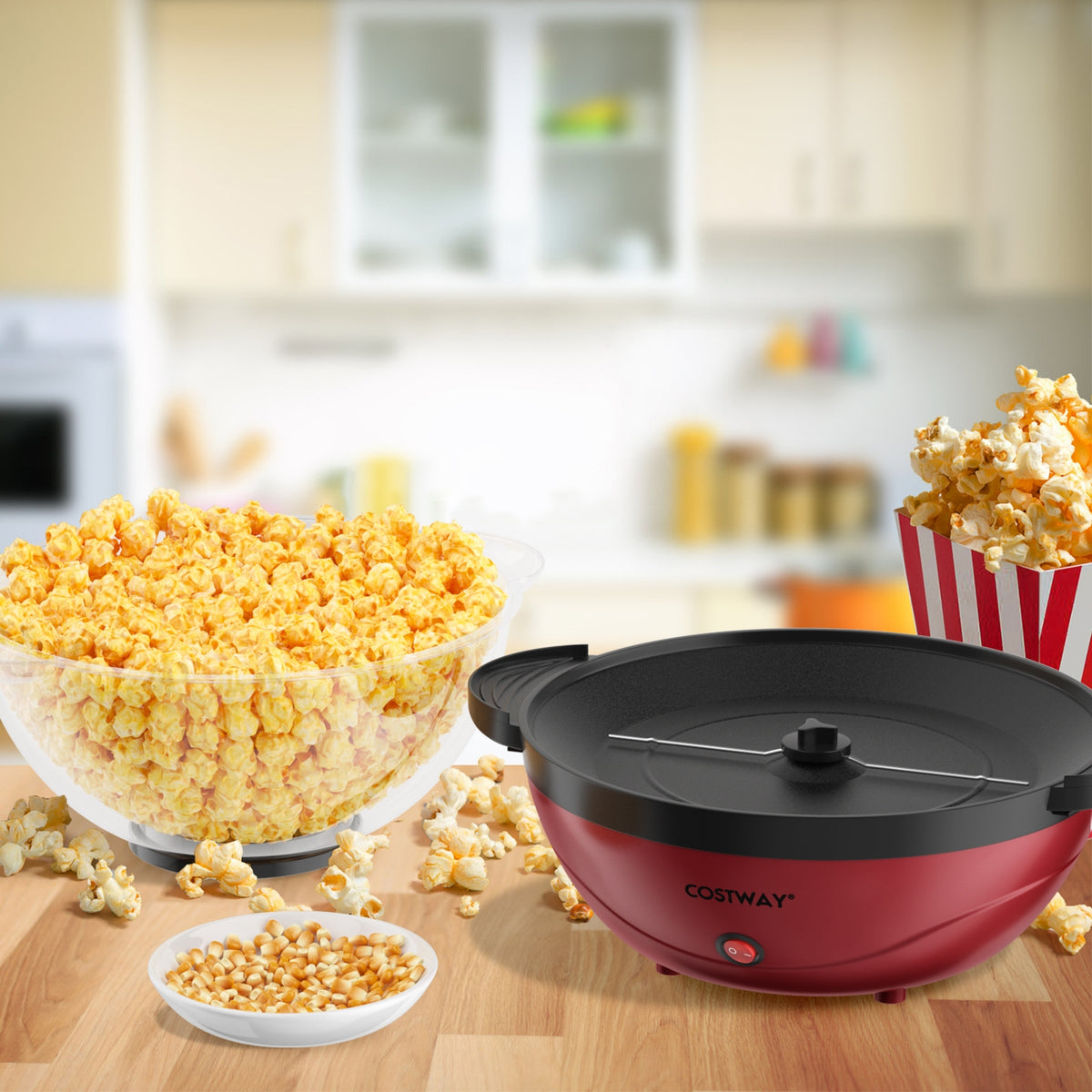 6QT Stirring Popcorn Popper Maker with Nonstick Plate-Red-Small Appliances-DECOROLALA