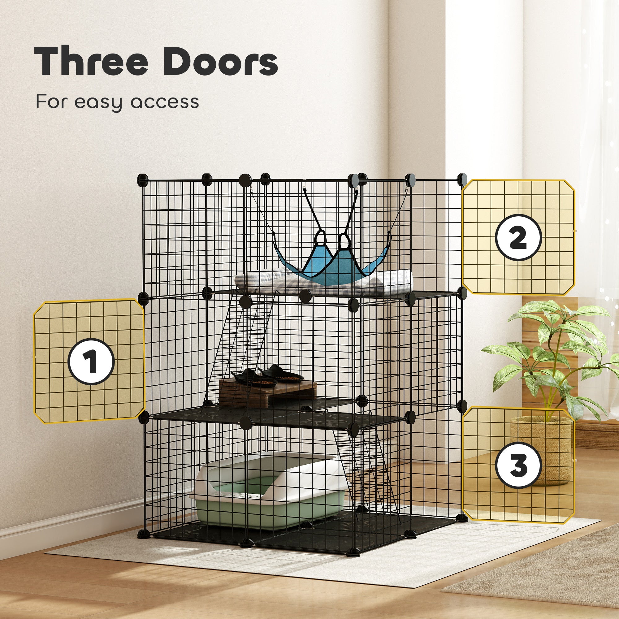 3 Tier Cat Cage Crate, DIY Pet Playpen with 3 Doors, Ladders, Hammock, Platforms, Indoor Playpen for Kittens, Black