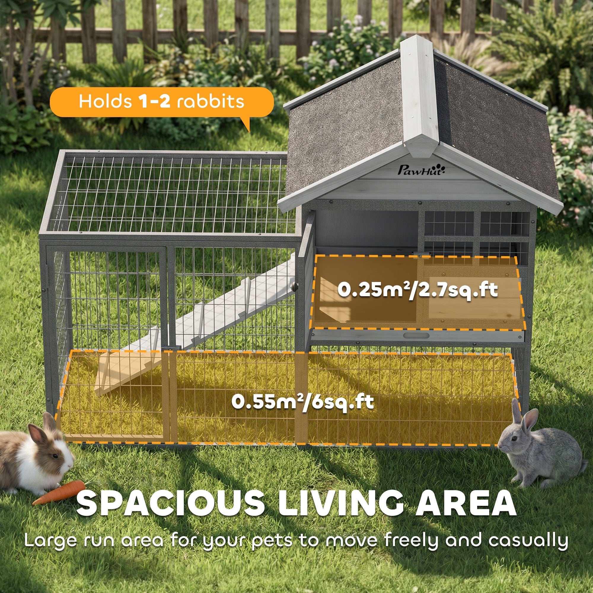 Rabbit Hutch Outdoor, 48"L Large Wooden Bunny Cage with Run, Grey