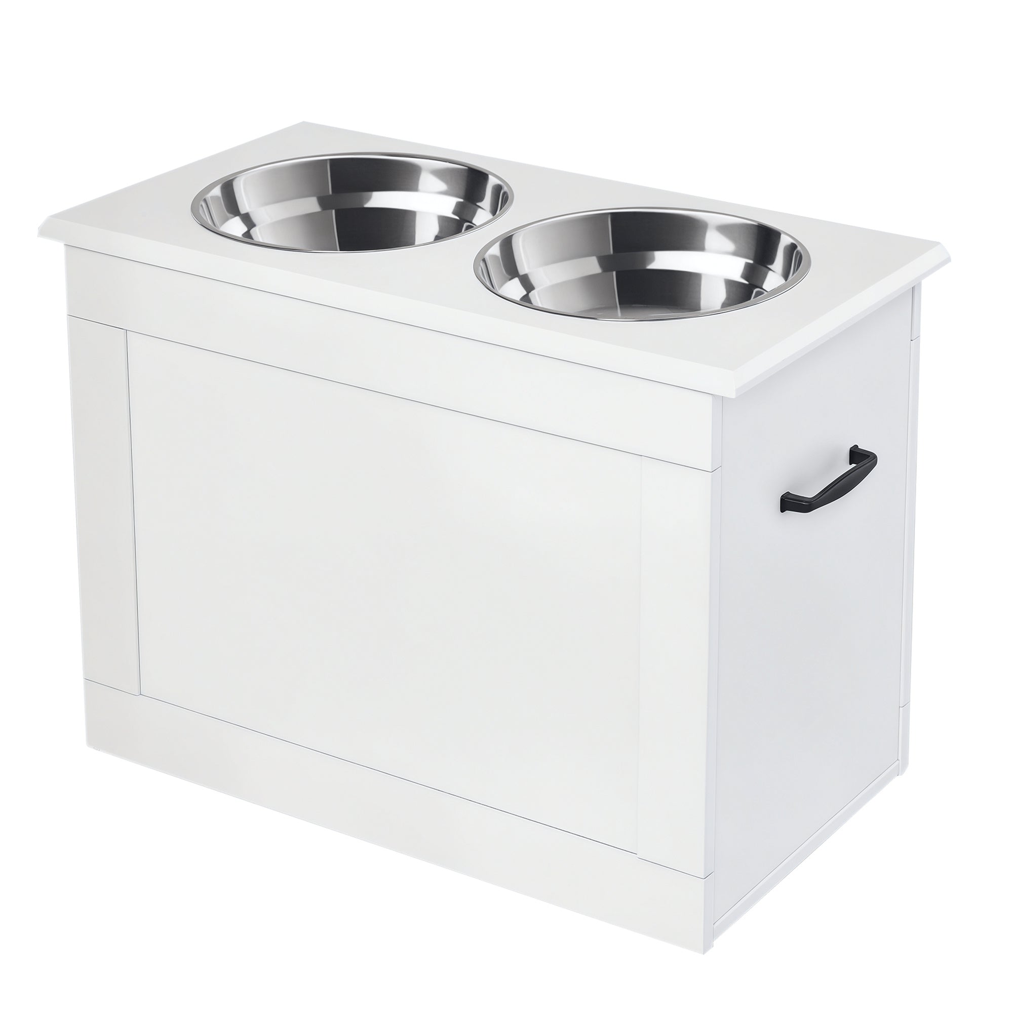 Mangeoire surélevée pour grands animaux avec rangement, fonction de coin repas pour chien, 2 gamelles en acier inoxydable, base surélevée pour grands chiens et autres grands animaux, blanche