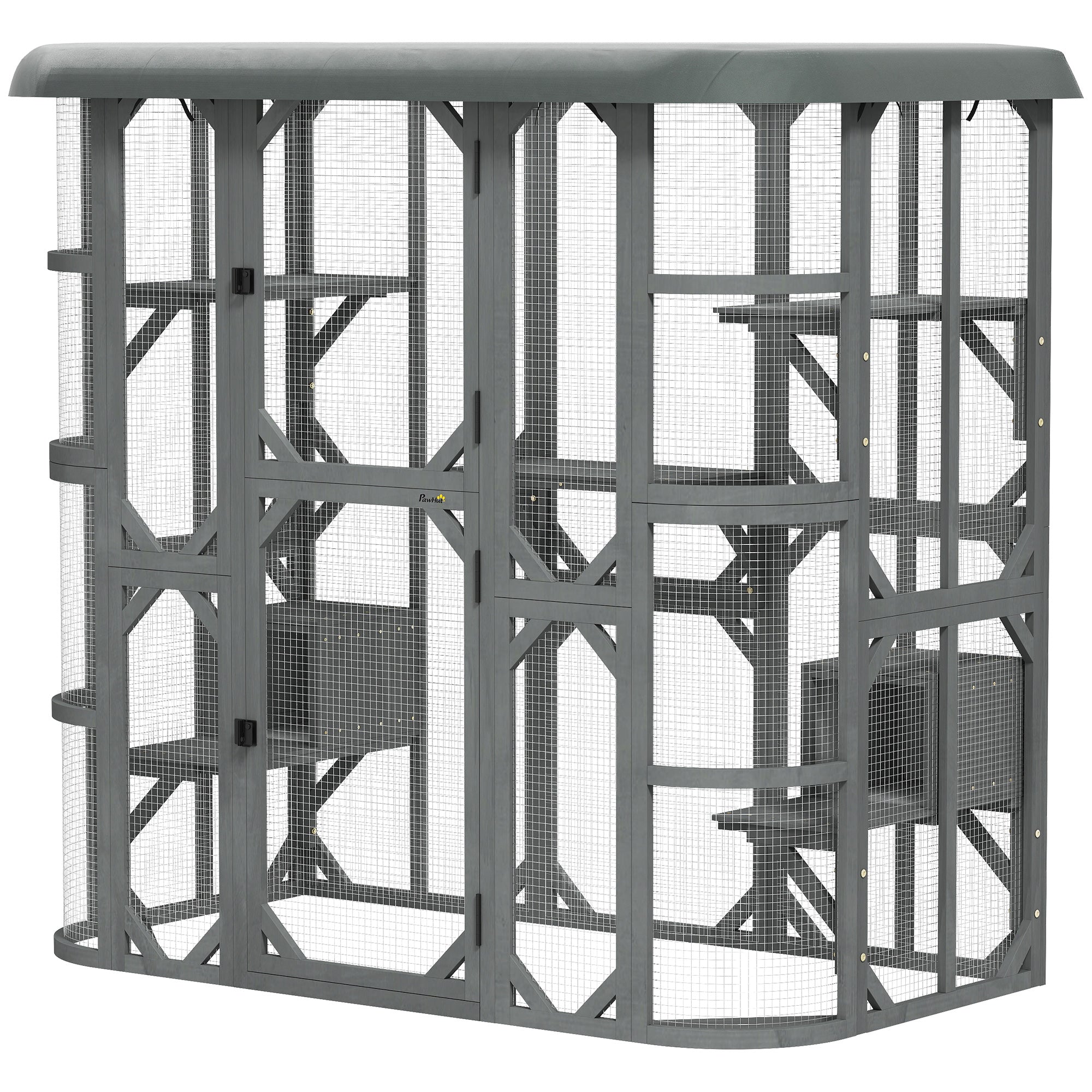 Catio Outdoor Cat Enclosure, 71" Wooden Cat House with Platforms, Condos and Waterproof Cover for 2–3 Kittens, Grey