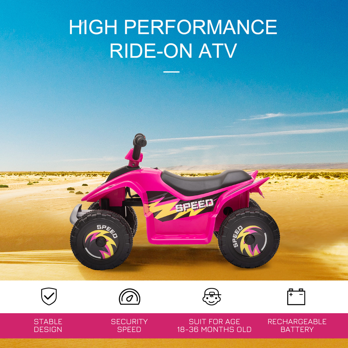 Kids Ride on ATV, 6V Battery Powered Quad Car with Forward, Reverse Switch, for Boys Girls 18-36 Months-Toys & Games > Baby & Toddler Toys > Electric Ride-On Toys > Electric Toy Cars-DECOROLALA