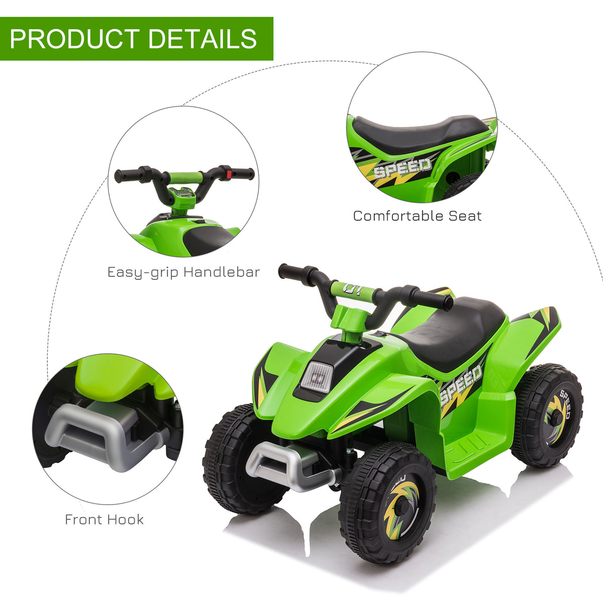 Kids Ride on ATV, 6V Battery Powered Quad Car with Forward, Reverse Switch, for Boys Girls 18-36 Months-Toys & Games > Baby & Toddler Toys > Electric Ride-On Toys > Electric Toy Cars-DECOROLALA