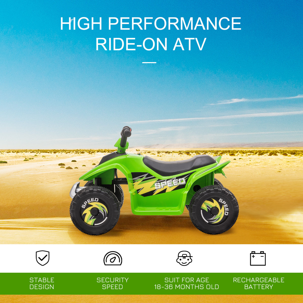 Kids Ride on ATV, 6V Battery Powered Quad Car with Forward, Reverse Switch, for Boys Girls 18-36 Months-Toys & Games > Baby & Toddler Toys > Electric Ride-On Toys > Electric Toy Cars-DECOROLALA