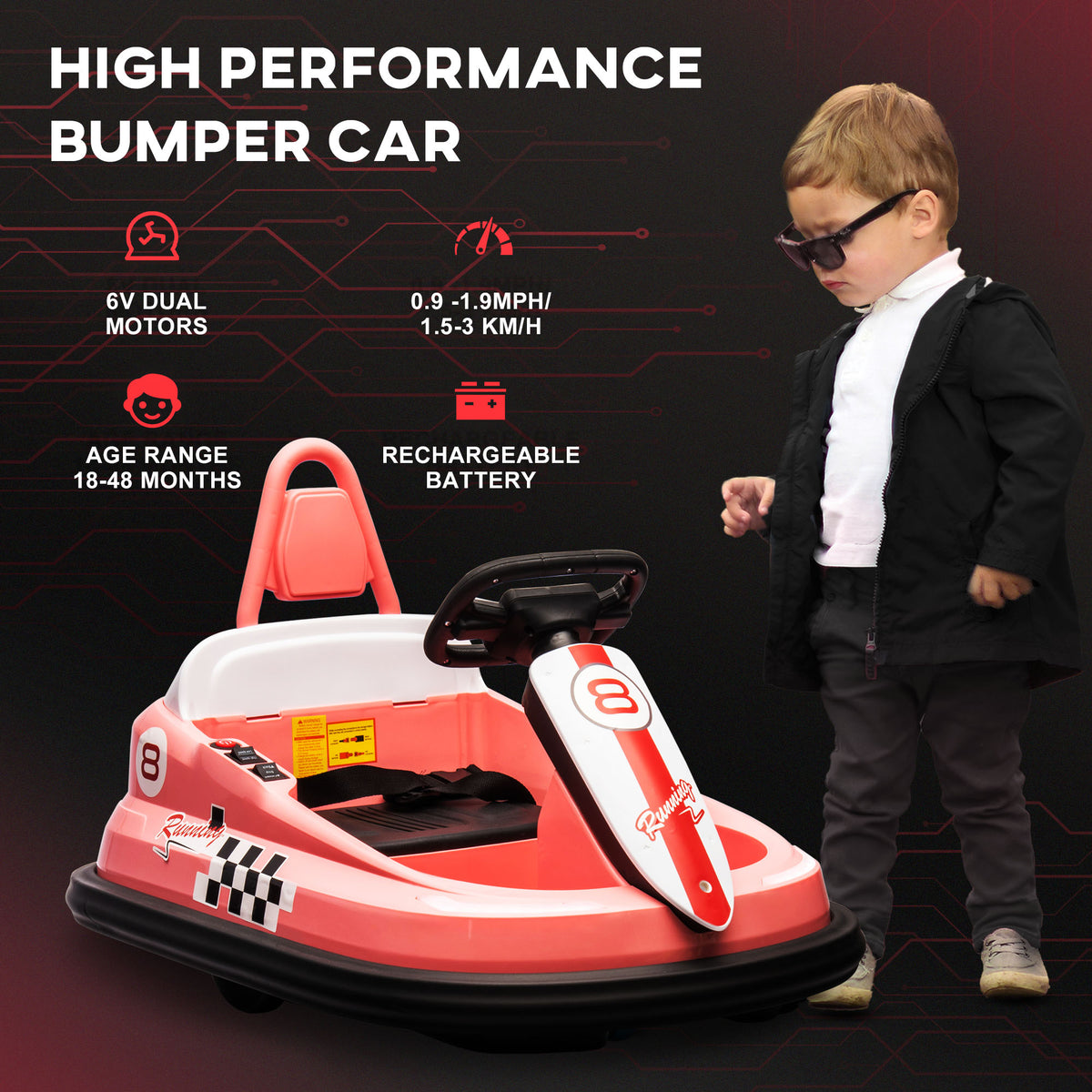 Kids Bumper Car, 6V 360Â° Rotation Electric Ride on Car, Twin Motors Battery Powered Toy with Music, Horn and Lights, Safety Belt, for Boys and Girls Aged 18-48 Months-Toys & Games > Baby & Toddler Toys > Electric Ride-On Toys > Electric Toy Cars-DECOROLALA