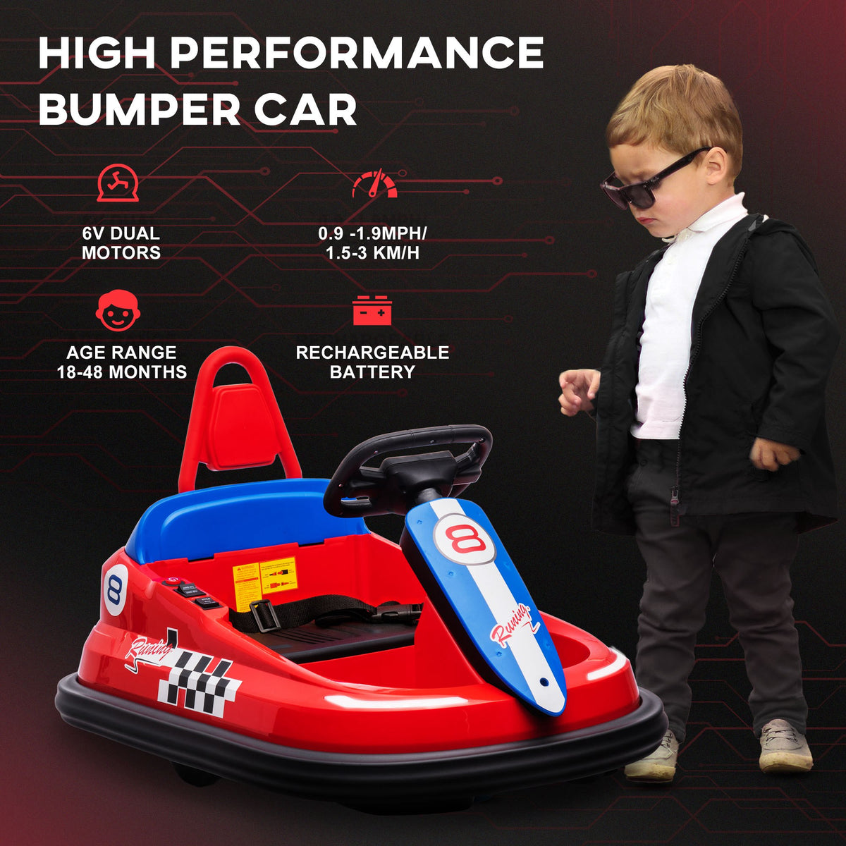 Kids Bumper Car, 6V 360Â° Rotation Electric Ride on Car, Twin Motors Battery Powered Toy with Music, Horn and Lights, Safety Belt, for Boys and Girls Aged 18-48 Months-Toys & Games > Baby & Toddler Toys > Electric Ride-On Toys > Electric Toy Cars-DECOROLALA
